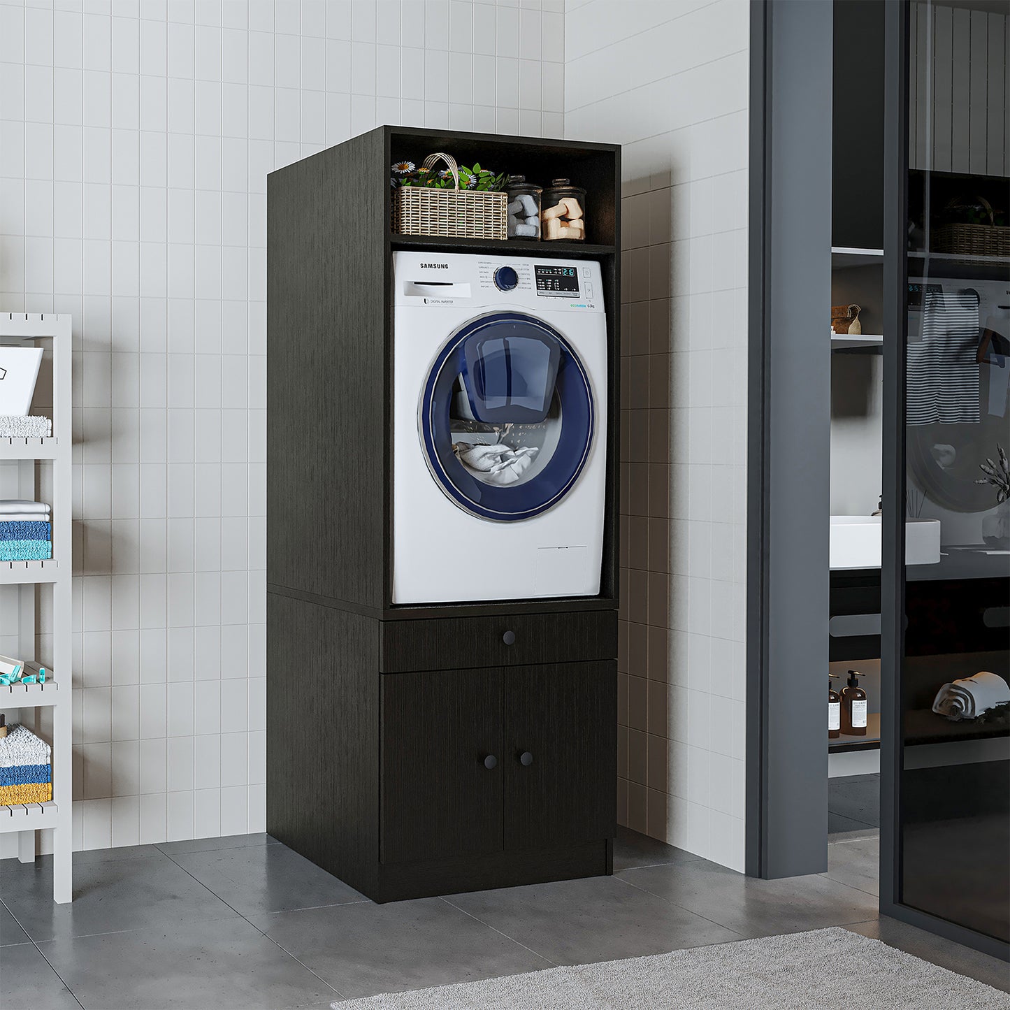 Roomart Armario para lavadora con estante extraíble - Blanco - Roble - Roble negro - armario para lavadora, estante para lavadora, torre de lavado, armario, blanco, lavadoras, armario bajo, lavadora, secadora, armario doméstico, armarios, armario de baño, armario alto