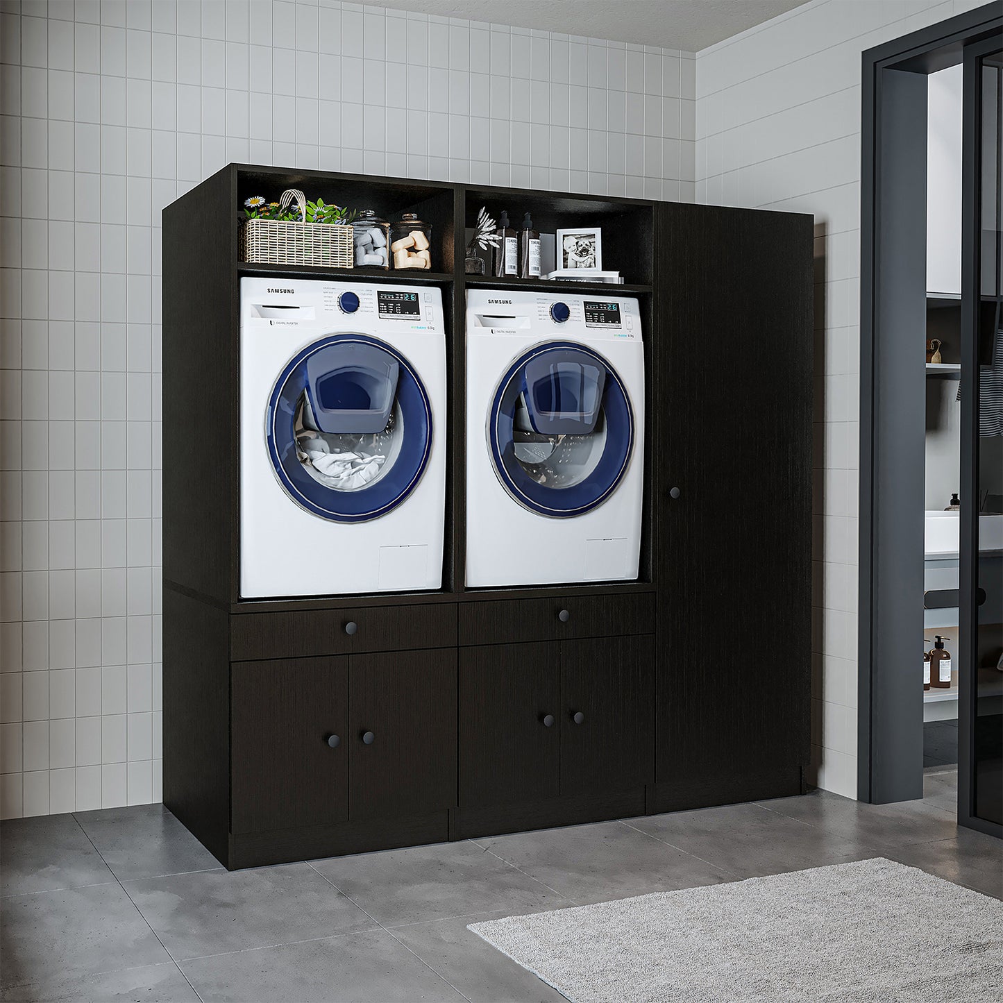 Roomart Schrankwand für Waschküche & Hauswirtschaftsraum, in 3 Farben, Mit Ausziehbrett • Weiß • Schwarz eiche - waschmaschinenschrank, waschmaschinenregal, waschturm, schrank, weiß, waschmaschinen, unterschrank, waschmaschine, trockner, haushaltsschrank,