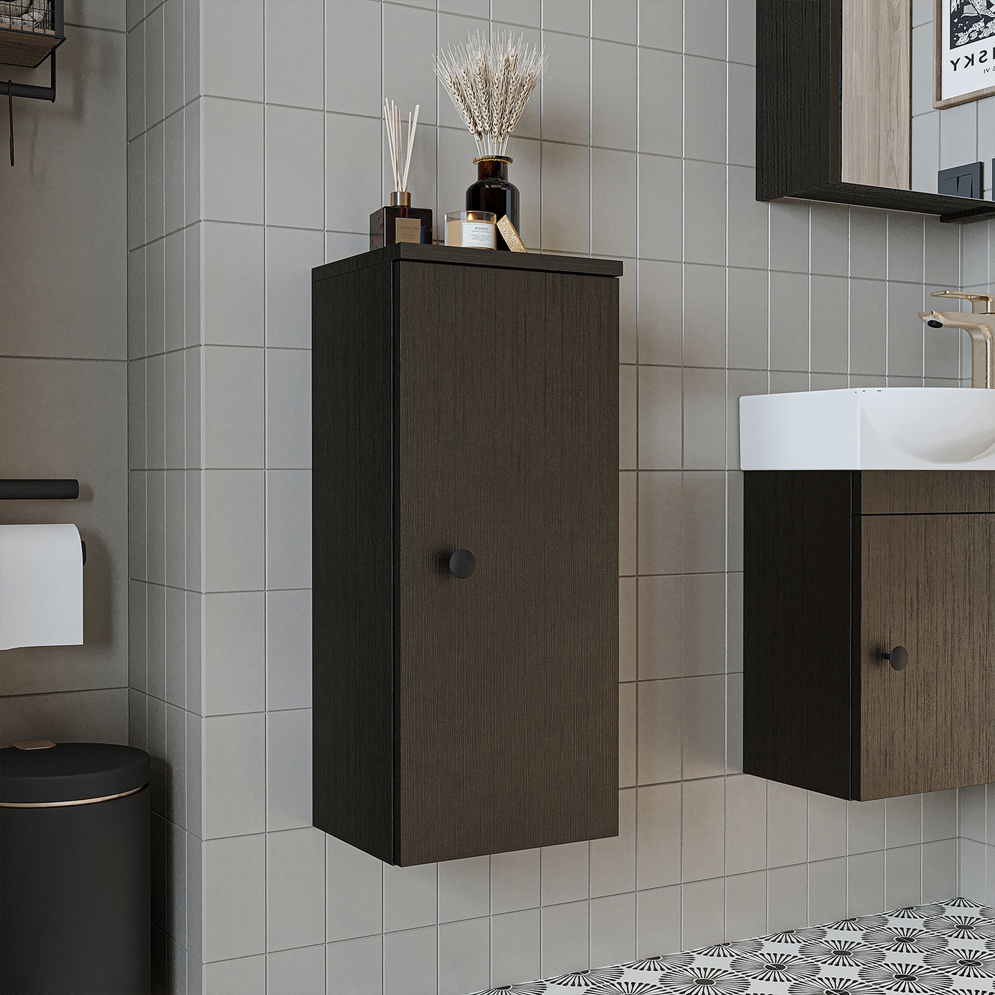 Roomart armario lateral "Punto" - moderno, compacto armario de pared para baño de 70 cm con cierre suave - en blanco, roble blanco, roble o roble antracita - armario de pared, pared, armario alto, armario alto blanco, 60 cm de ancho, cocina, lavadero, salón, estrecho, 40 cm de ancho