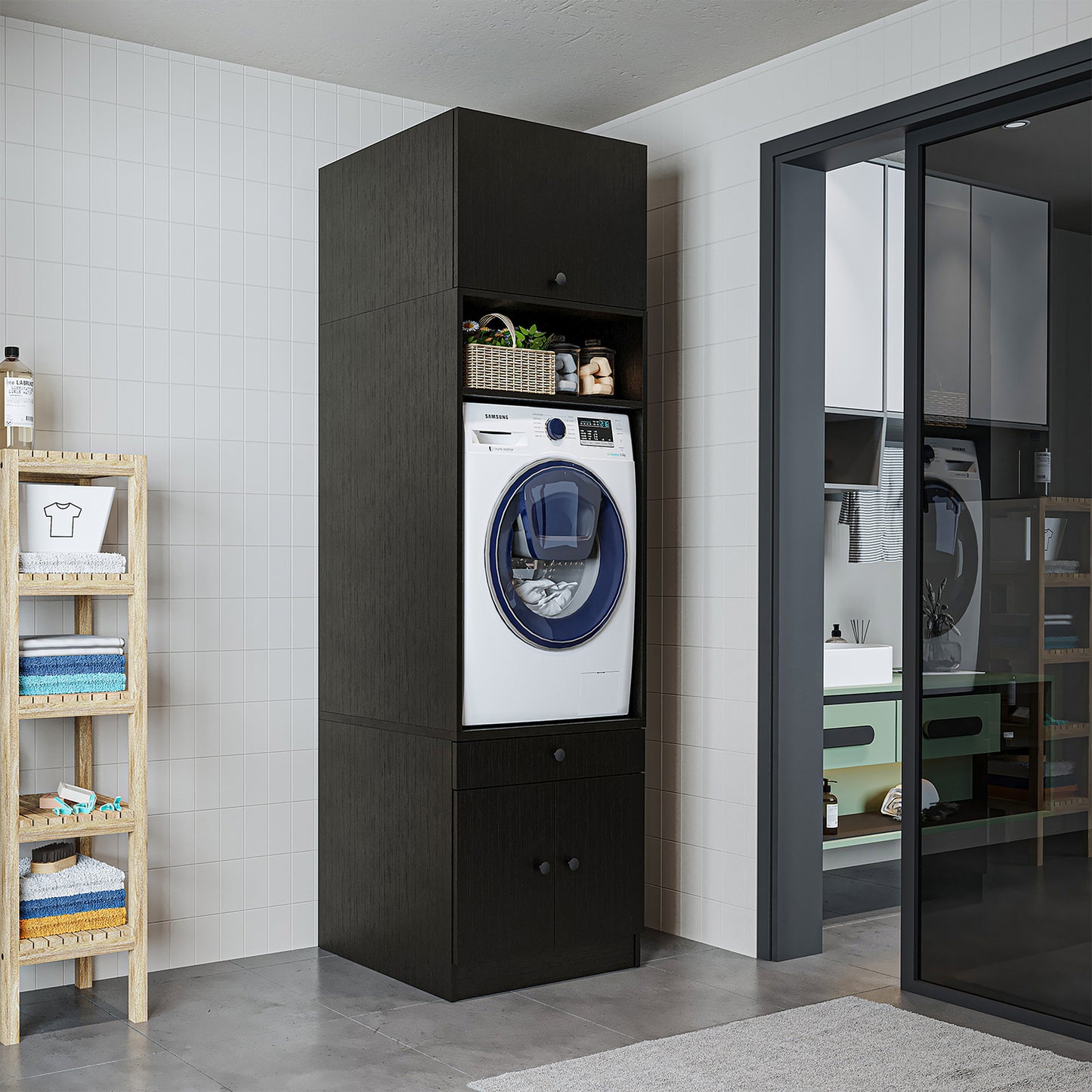 Roomart Armario para lavadora con estante extraíble - Blanco - Roble - Roble negro - armario para lavadora, estante para lavadora, torre de lavado, armario, blanco, lavadoras, armario bajo, lavadora, secadora, armario doméstico, armarios, armario de baño, armario alto