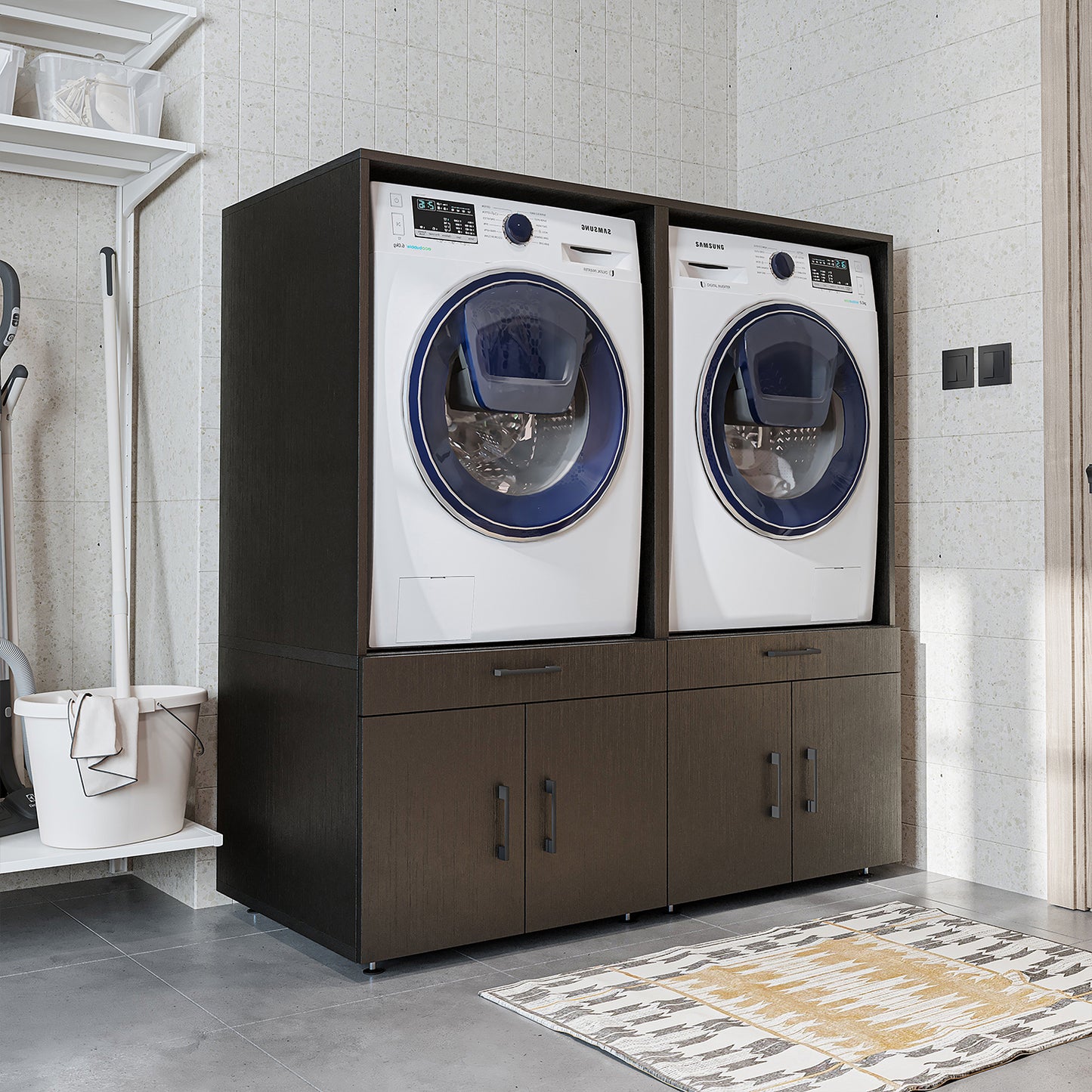 Roomart Waschmaschinenschrank - SERIE 3 – 134 cm breit, Doppelschrank Überbauschrank, mit Ausziehbrett, Waschturm für Waschmaschine & Trockner, in 3 Farben