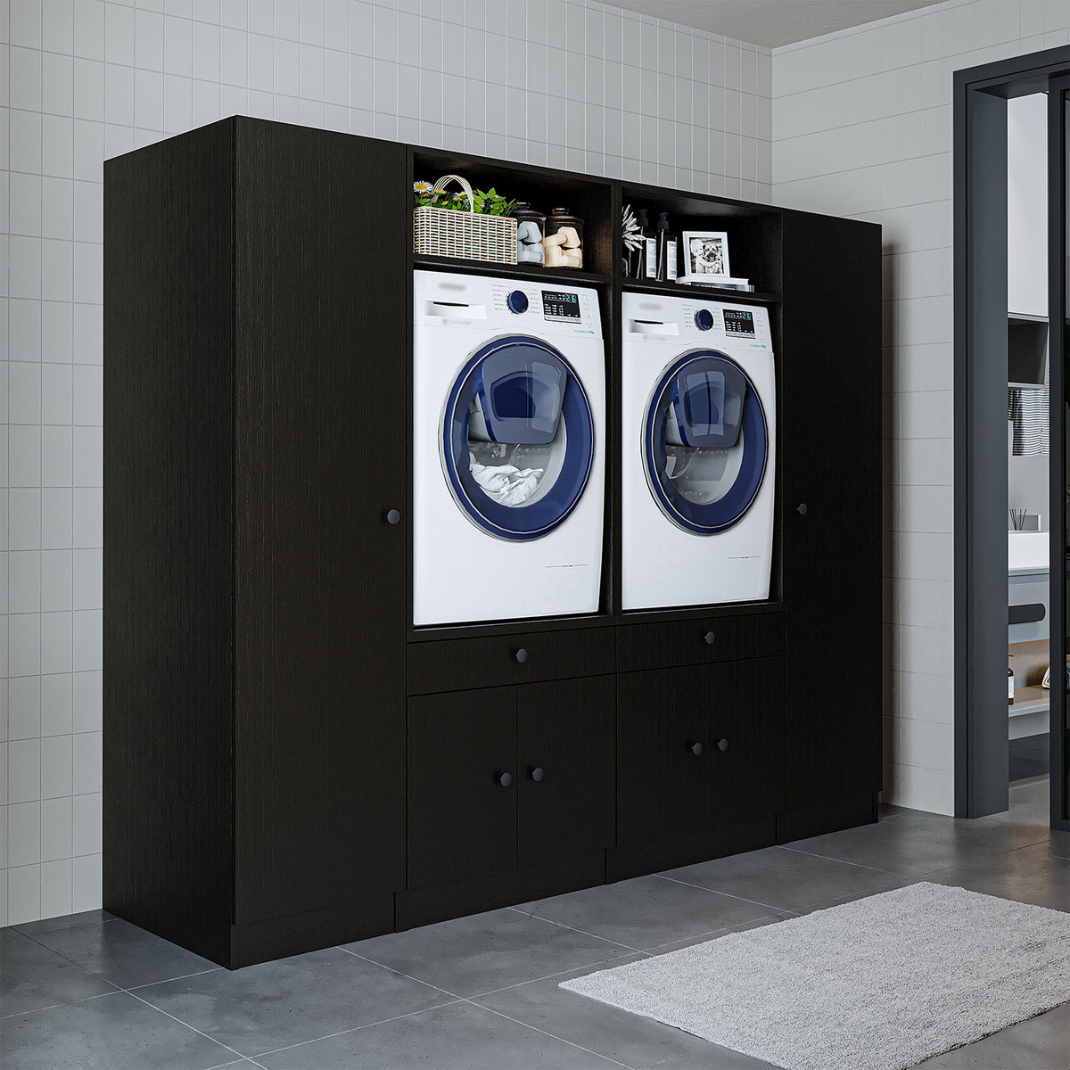 Ver detalles de Roomart Armario para lavadora y mueble alto para lavadero y cuarto de servicio - 224 cm de ancho - con práctico estante extraíble - disponible en blanco, roble o roble negro Roomart Armario para lavadora y mueble alto para lavadero y cuarto de servicio - 224 cm de ancho - con práctico estante extraíble - disponible en blanco, roble o roble negro