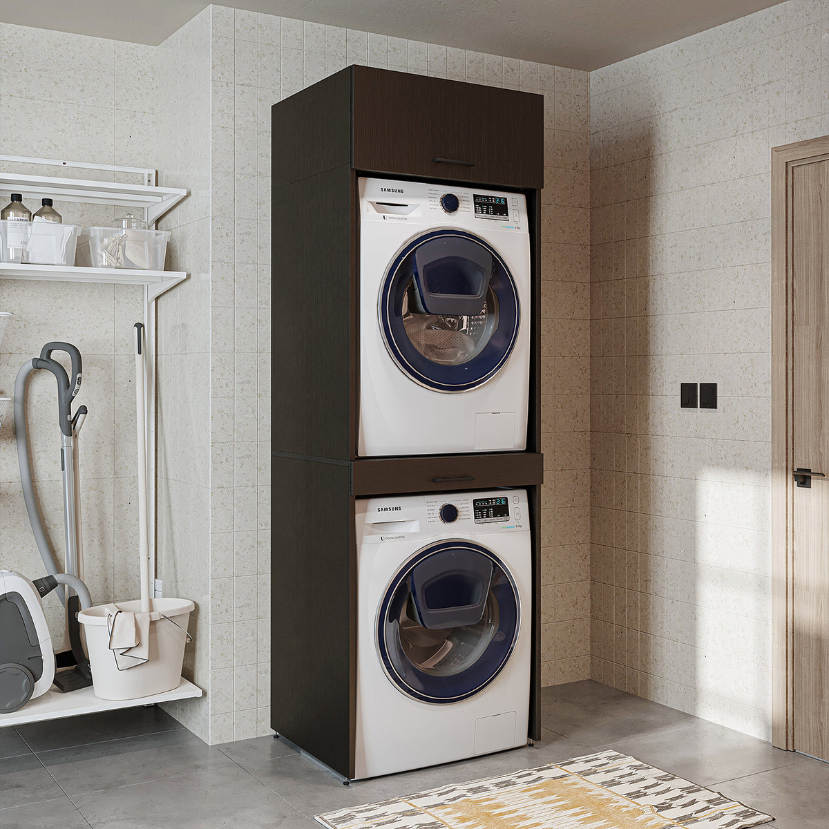 Roomart Waschmaschinenschrank für Trockner & Waschmaschine, in 3 Farben, mit Ausziehbrett • Weiß • Eiche • Schwarz Eiche - waschmaschinenuntergestelle, dämpfer waschmaschine, waschmaschinen aufsatz für trockner, unterschrank waschmaschine, kühlschrank erh