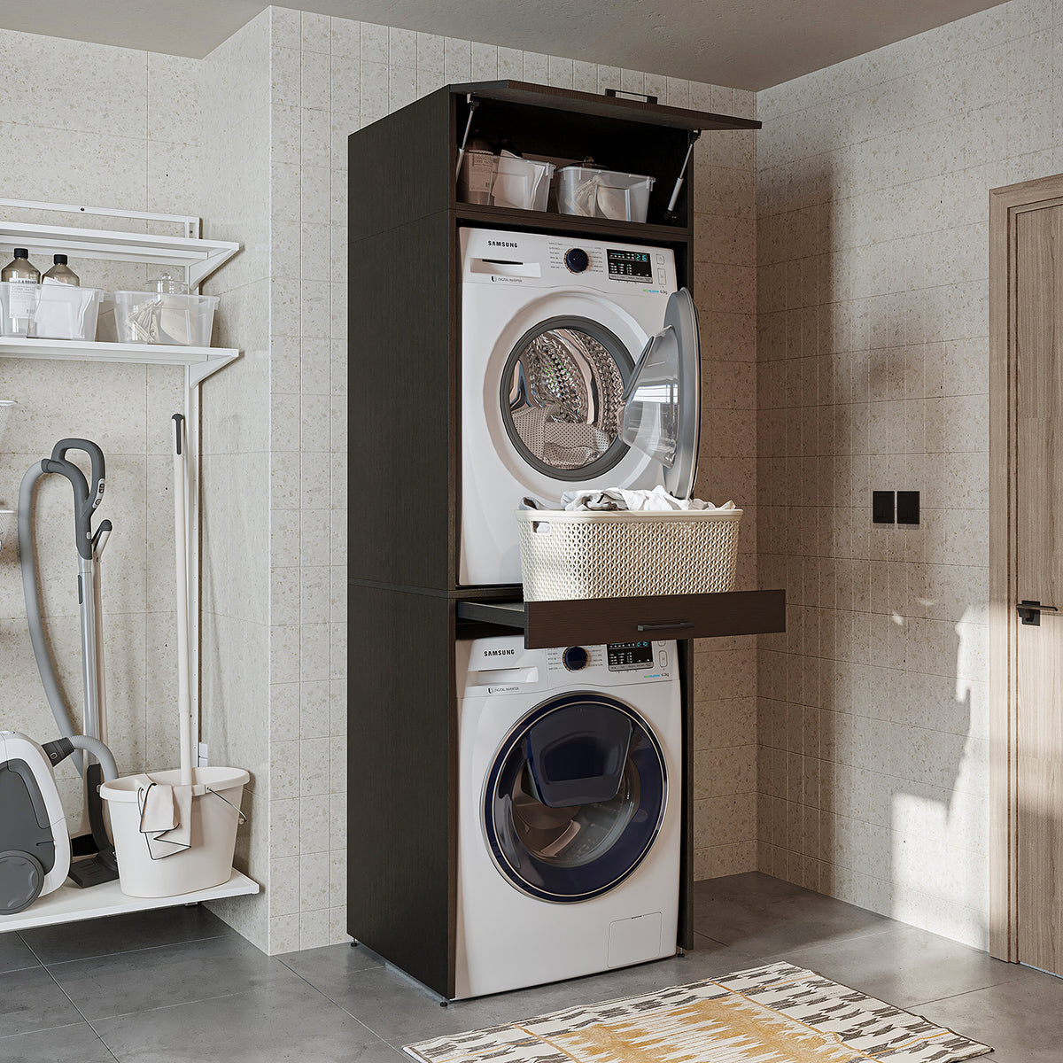 Roomart Waschmaschinenschrank für Trockner & Waschmaschine, in 3 Farben, mit Ausziehbrett • Weiß • Eiche • Schwarz Eiche - waschmaschinenuntergestelle, dämpfer waschmaschine, waschmaschinen aufsatz für trockner, unterschrank waschmaschine, kühlschrank erh