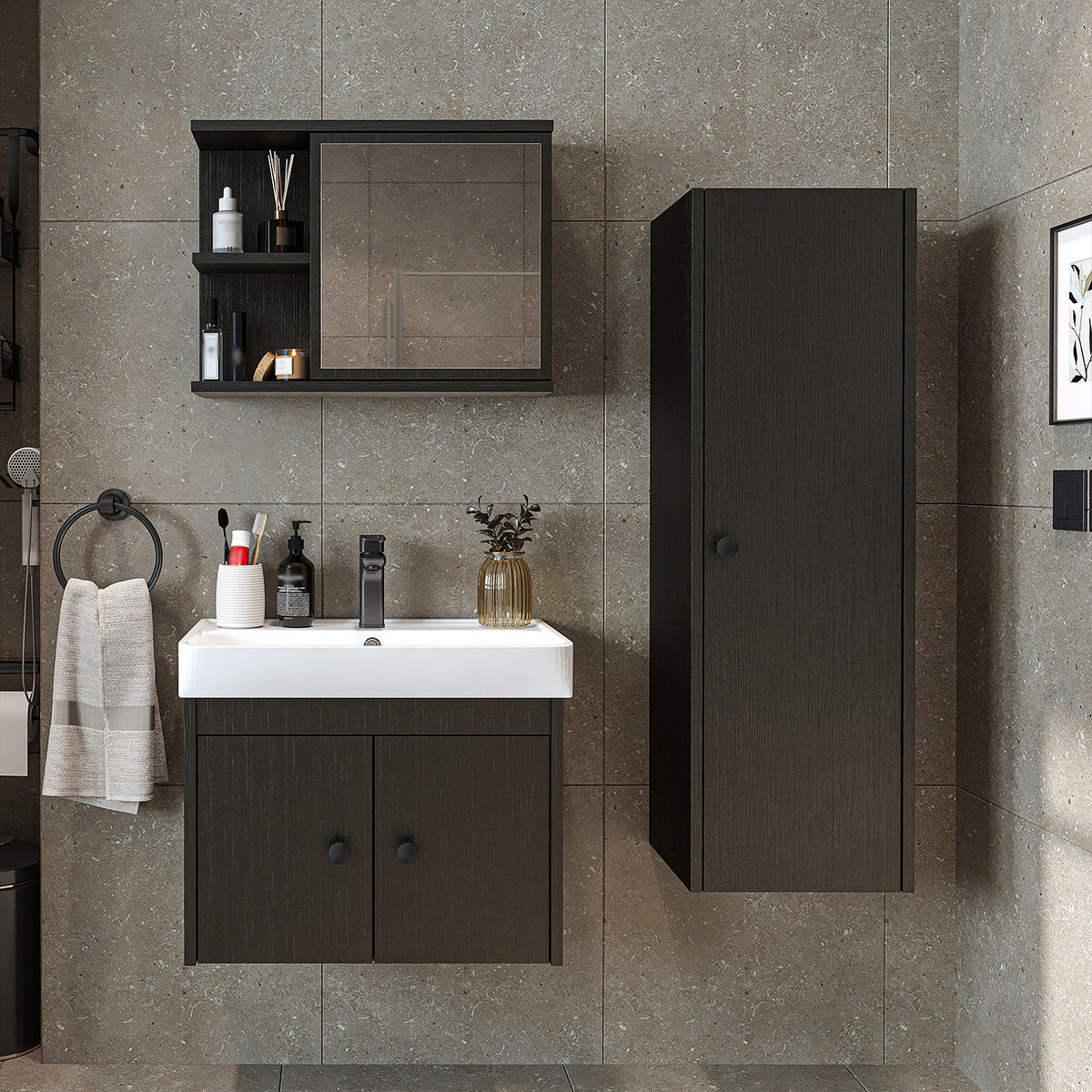 Roomart 4-teiliges Badmöbel-Set ADA, 60 cm, mit Waschbecken und Hochschrank, in 5 Farben