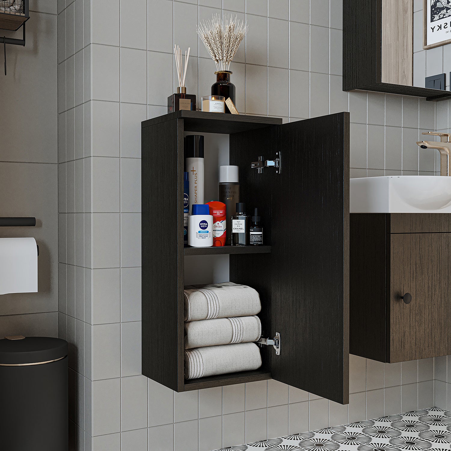 Roomart armario lateral "Punto" - moderno, compacto armario de pared para baño de 70 cm con cierre suave - en blanco, roble blanco, roble o roble antracita - armario de pared, pared, armario alto, armario alto blanco, 60 cm de ancho, cocina, lavadero, salón, estrecho, 40 cm de ancho