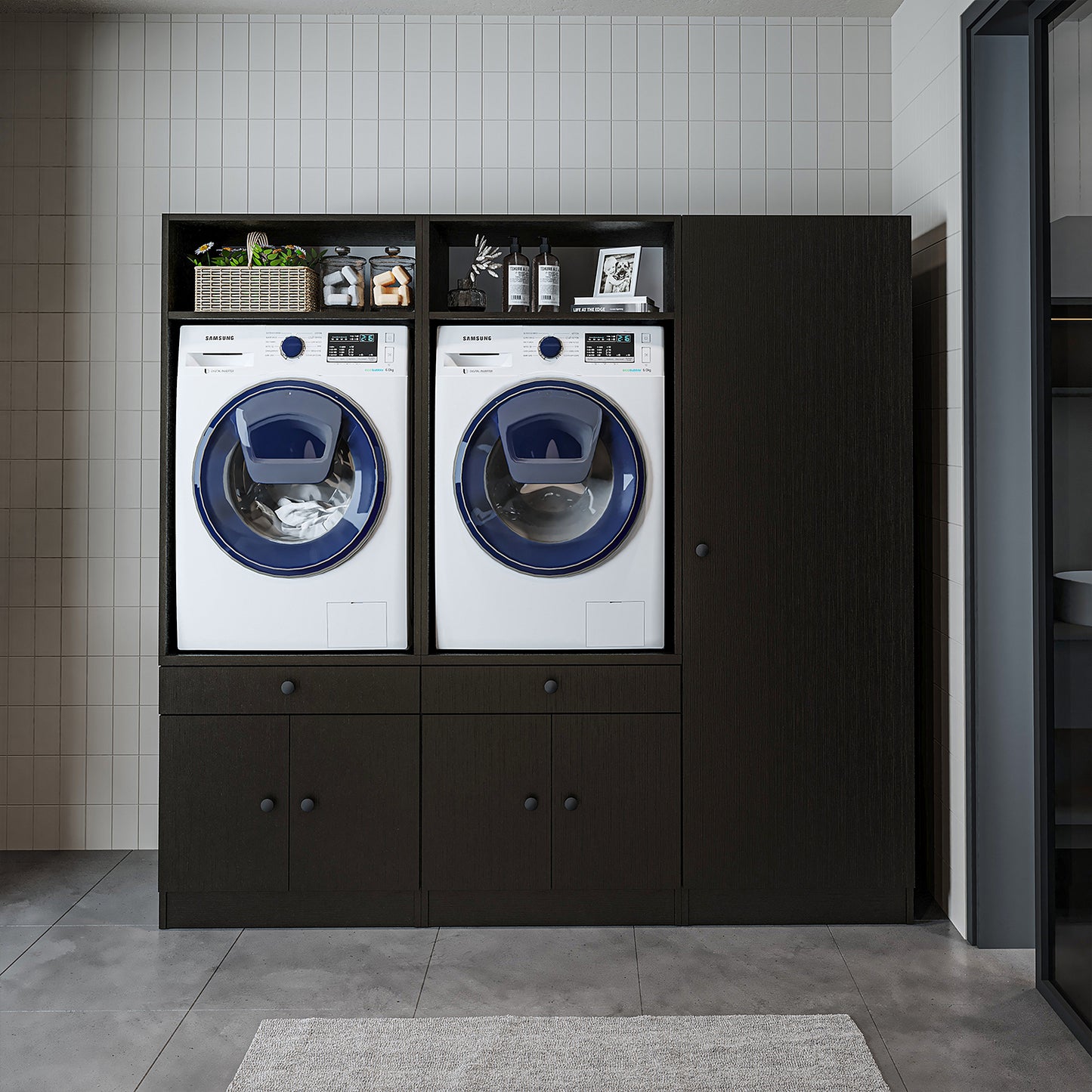 Roomart Schrankwand für Waschküche & Hauswirtschaftsraum, in 3 Farben, Mit Ausziehbrett • Weiß • Schwarz eiche - waschmaschinenschrank, waschmaschinenregal, waschturm, schrank, weiß, waschmaschinen, unterschrank, waschmaschine, trockner, haushaltsschrank,