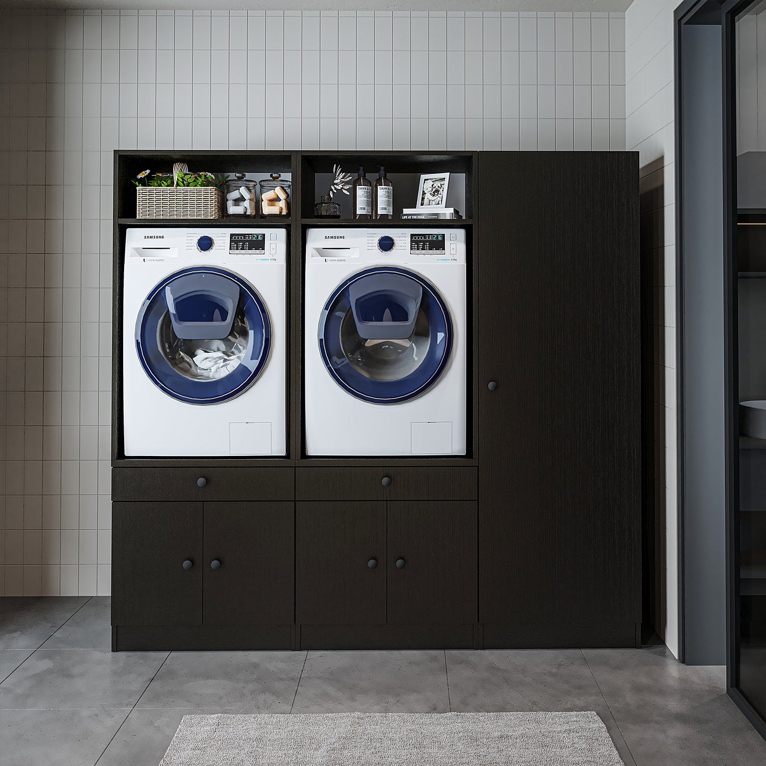 Mueble de pared Roomart para lavadero y cuarto de servicio, en 3 colores, con estante extraíble - blanco - roble negro - mueble para lavadora, estante para lavadora, torre para lavadora, mueble, blanco, lavadoras, mueble bajo, lavadora, secadora, mueble doméstico,