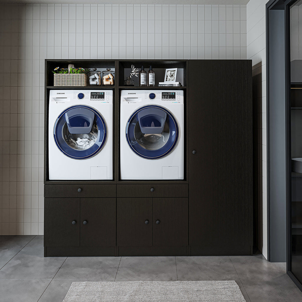 Mueble de pared Roomart para lavadero y cuarto de servicio, en 3 colores, con estante extraíble - blanco - roble negro - mueble para lavadora, estante para lavadora, torre para lavadora, mueble, blanco, lavadoras, mueble bajo, lavadora, secadora, mueble doméstico,