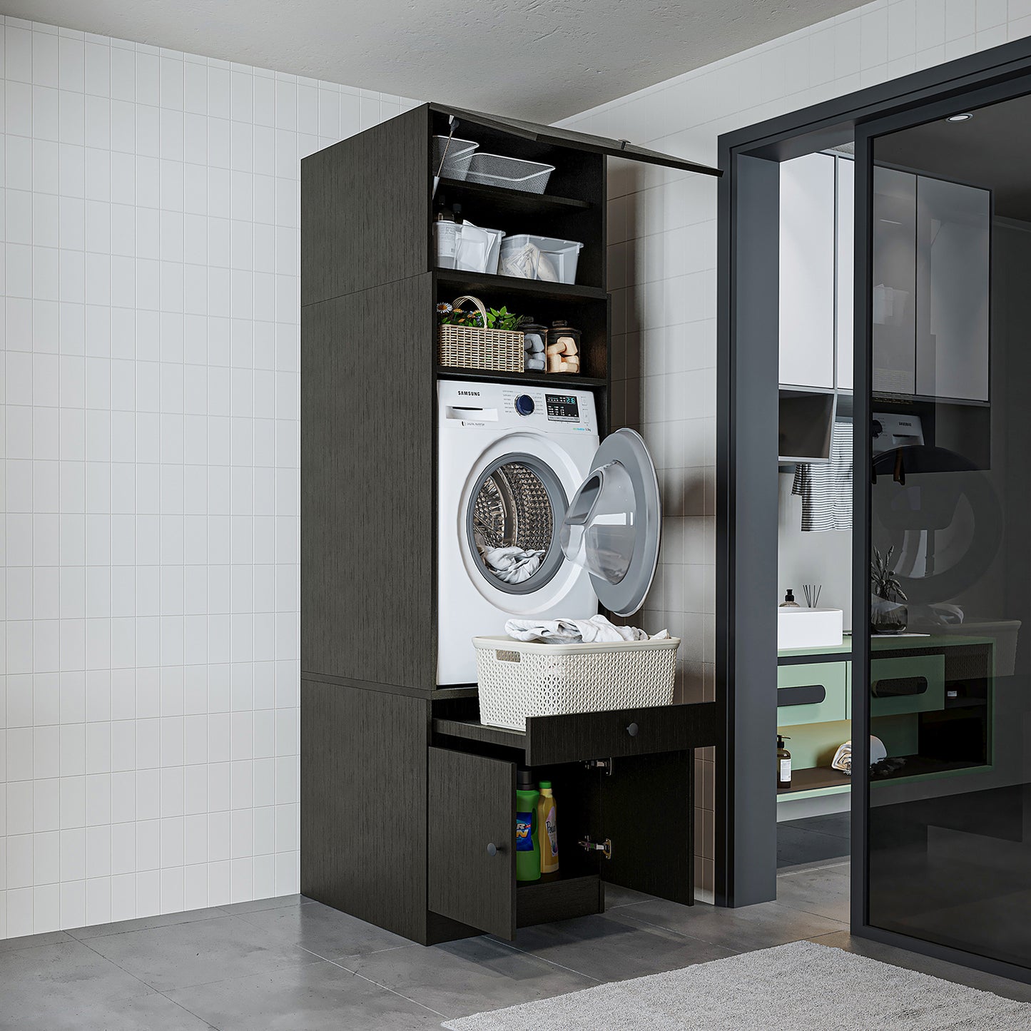 Roomart Armario para lavadora con estante extraíble - Blanco - Roble - Roble negro - armario para lavadora, estante para lavadora, torre de lavado, armario, blanco, lavadoras, armario bajo, lavadora, secadora, armario doméstico, armarios, armario de baño, armario alto
