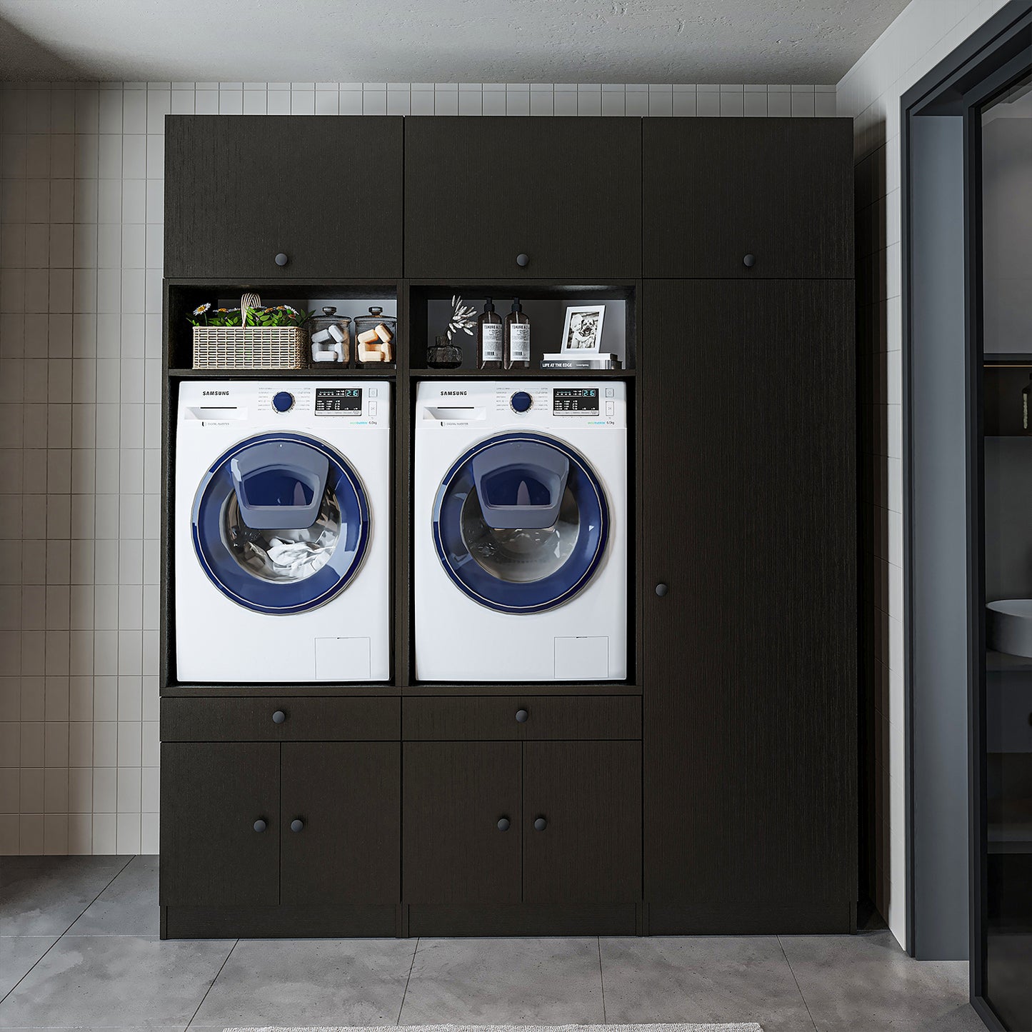 Roomart Schrankwand für Waschküche & Hauswirtschaftsraum, in 3 Farben, Mit Ausziehbrett • Weiß • Schwarz eiche - waschmaschinenschrank, waschmaschinenregal, waschturm, schrank, weiß, waschmaschinen, unterschrank, waschmaschine, trockner, haushaltsschrank,