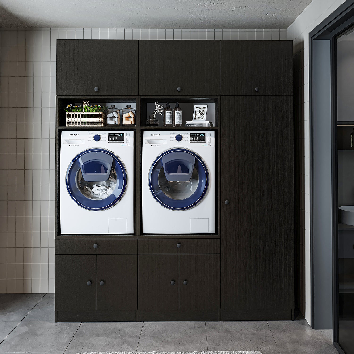 Mueble de pared Roomart para lavadero y cuarto de servicio, en 3 colores, con estante extraíble - blanco - roble negro - mueble para lavadora, estante para lavadora, torre para lavadora, mueble, blanco, lavadoras, mueble bajo, lavadora, secadora, mueble doméstico,