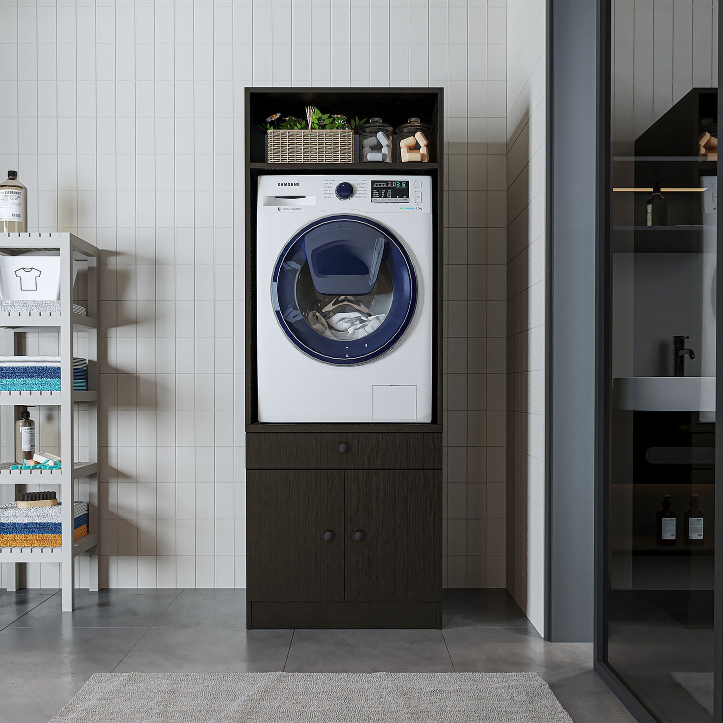 Roomart Armario para lavadora con estante extraíble - Blanco - Roble - Roble negro - armario para lavadora, estante para lavadora, torre de lavado, armario, blanco, lavadoras, armario bajo, lavadora, secadora, armario doméstico, armarios, armario de baño, armario alto