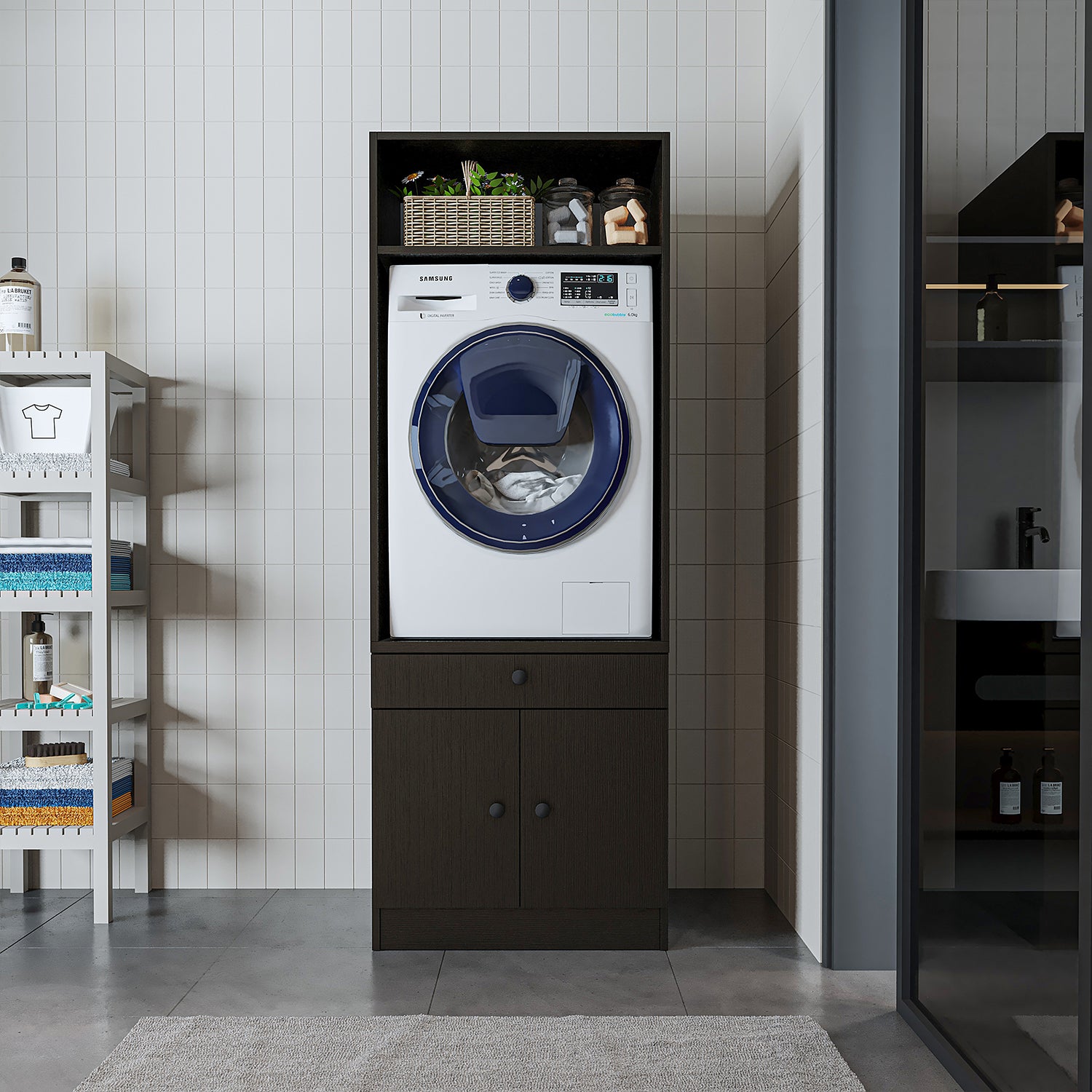 Roomart Waschmaschinenschrank mit Ausziehbrett • Weiß • Eiche • Schwarz eiche - waschmaschinenschrank, waschmaschinenregal, waschturm, schrank, weiß, waschmaschinen, unterschrank, waschmaschine, trockner, haushaltsschrank, schränke, badschrank, hochschran