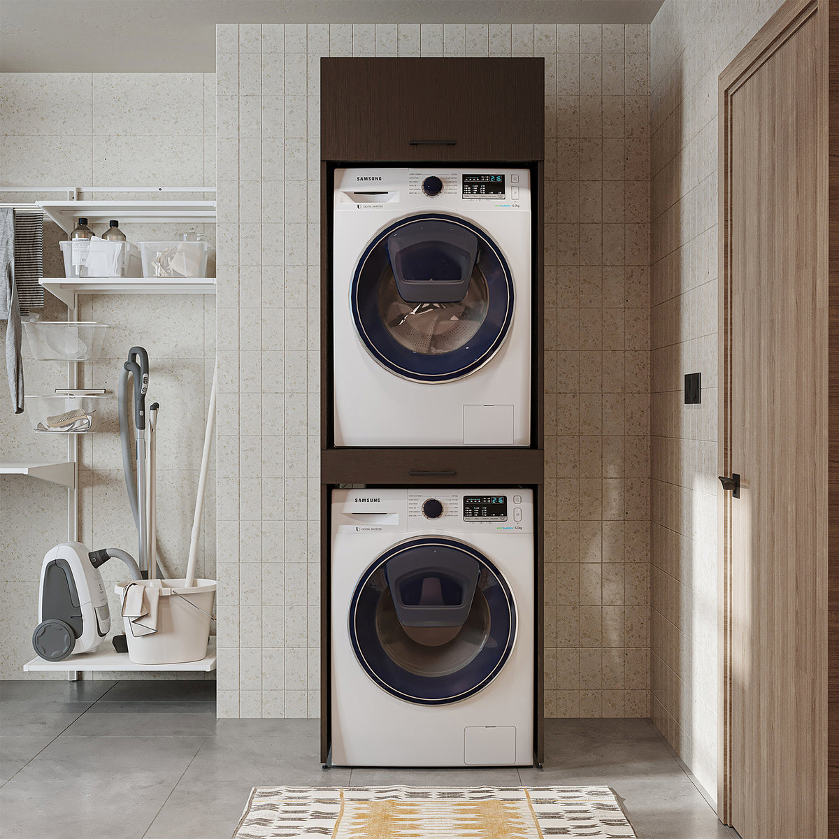 Roomart Waschmaschinenschrank für Trockner & Waschmaschine, in 3 Farben, mit Ausziehbrett • Weiß • Eiche • Schwarz Eiche - waschmaschinenuntergestelle, dämpfer waschmaschine, waschmaschinen aufsatz für trockner, unterschrank waschmaschine, kühlschrank erh