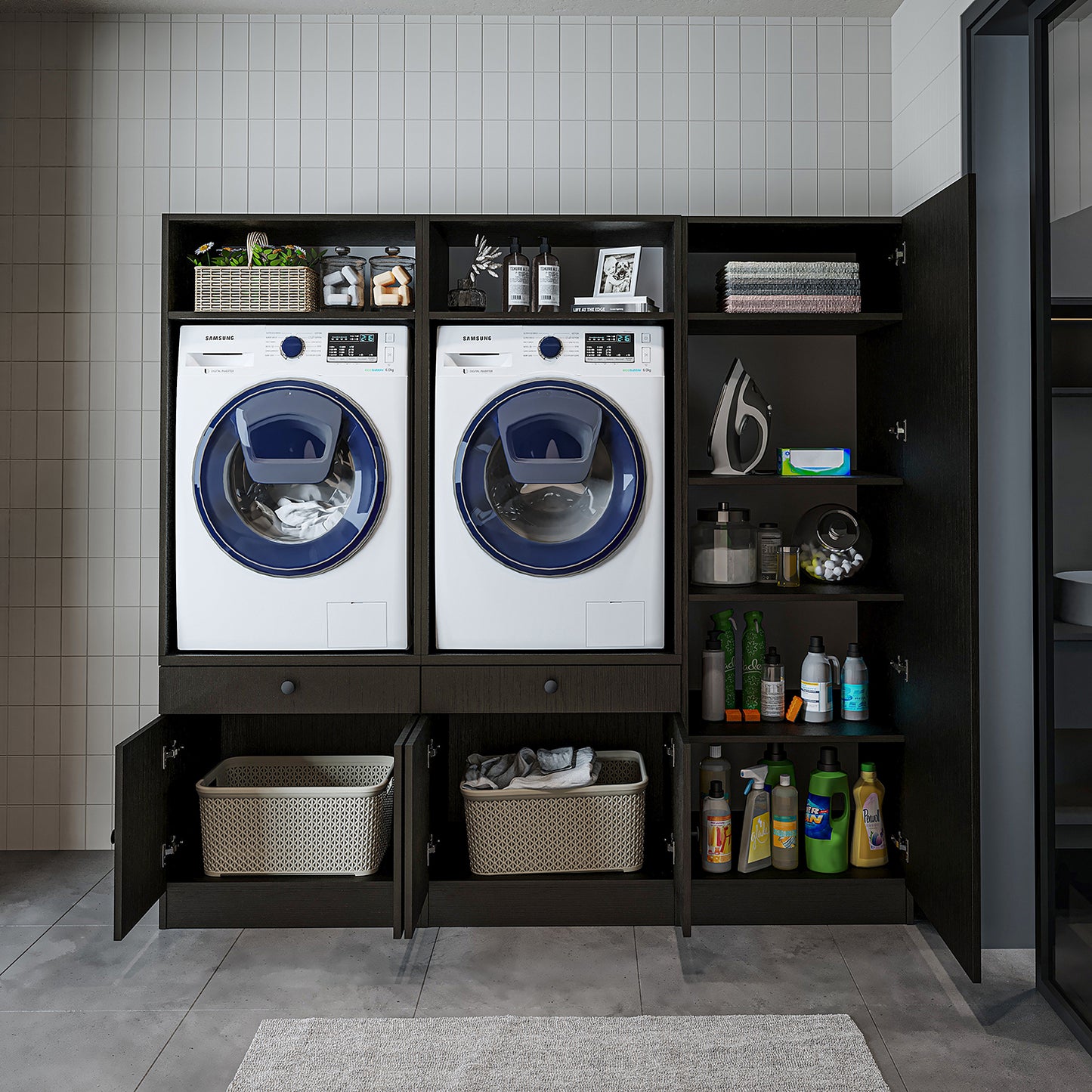 Roomart Schrankwand für Waschküche & Hauswirtschaftsraum, in 3 Farben, Mit Ausziehbrett • Weiß • Schwarz eiche - waschmaschinenschrank, waschmaschinenregal, waschturm, schrank, weiß, waschmaschinen, unterschrank, waschmaschine, trockner, haushaltsschrank,