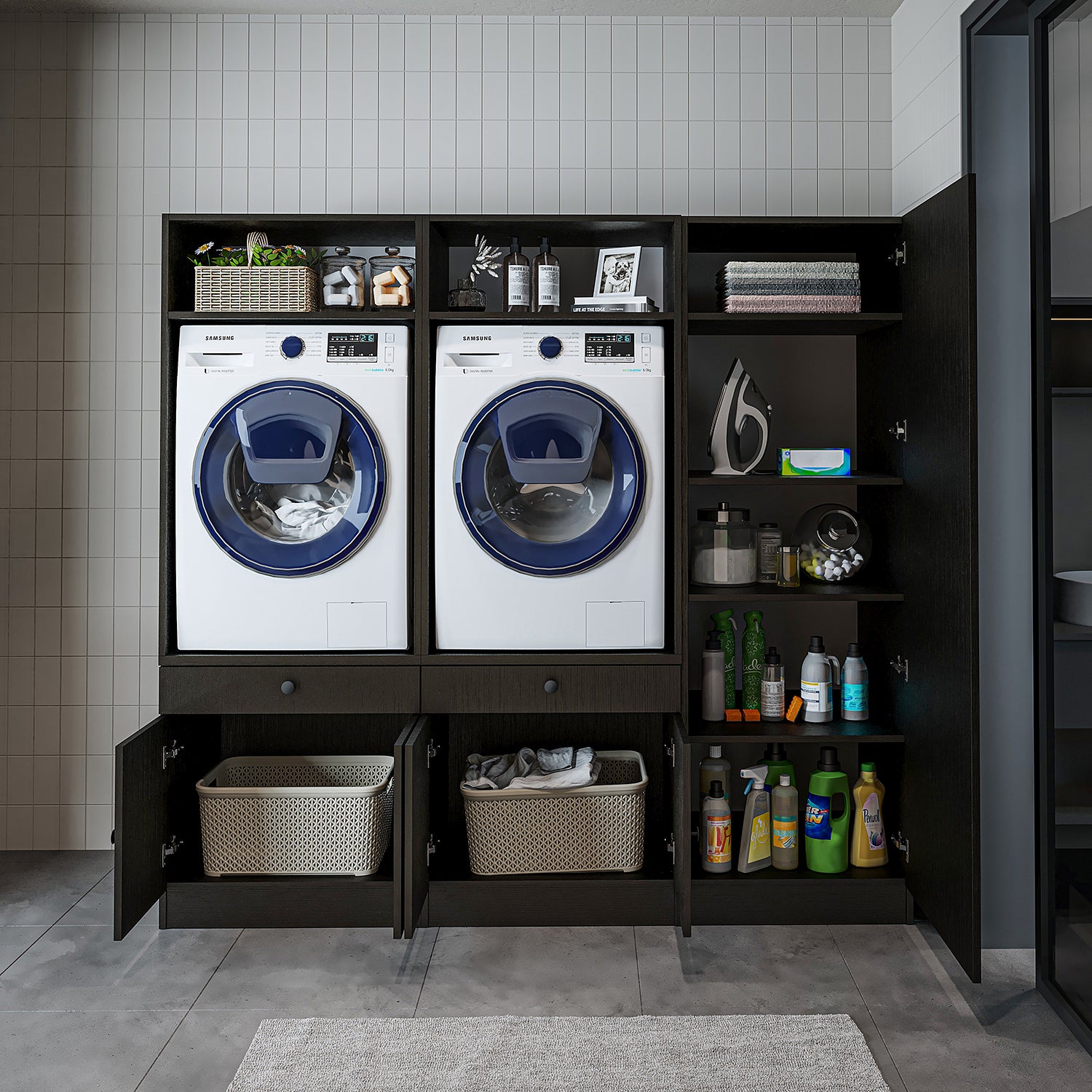 Mueble de pared Roomart para lavadero y cuarto de servicio, en 3 colores, con estante extraíble - blanco - roble negro - mueble para lavadora, estante para lavadora, torre para lavadora, mueble, blanco, lavadoras, mueble bajo, lavadora, secadora, mueble doméstico,