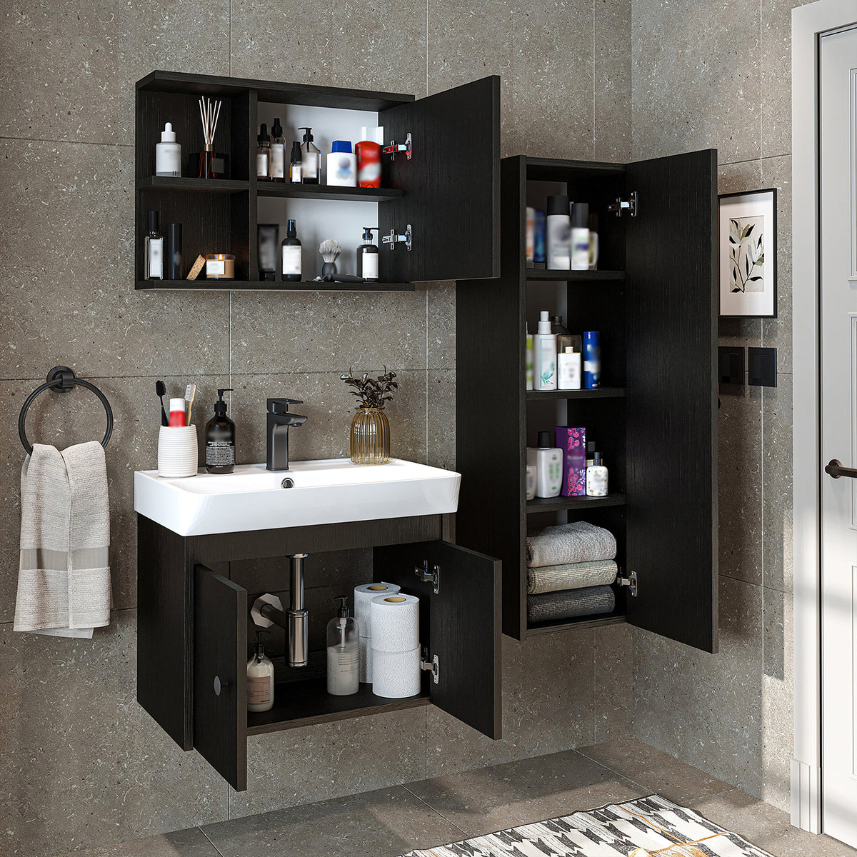 Roomart 4-teiliges Badmöbel-Set ADA, 60 cm, mit Waschbecken und Hochschrank, in 5 Farben