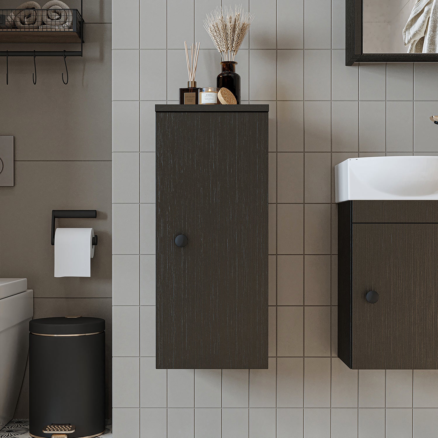 Roomart armario lateral "Punto" - moderno, compacto armario de pared para baño de 70 cm con cierre suave - en blanco, roble blanco, roble o roble antracita - armario de pared, pared, armario alto, armario alto blanco, 60 cm de ancho, cocina, lavadero, salón, estrecho, 40 cm de ancho