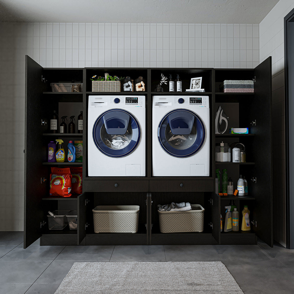 Ver detalles de Roomart Armario para lavadora y mueble alto para lavadero y cuarto de servicio - 224 cm de ancho - con práctico estante extraíble - disponible en blanco, roble o roble negro Roomart Armario para lavadora y mueble alto para lavadero y cuarto de servicio - 224 cm de ancho - con práctico estante extraíble - disponible en blanco, roble o roble negro