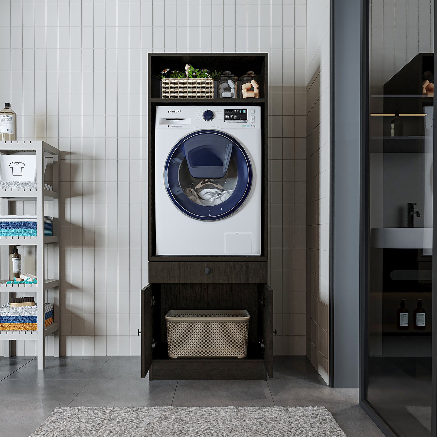 Roomart Armario para lavadora con estante extraíble - Blanco - Roble - Roble negro - armario para lavadora, estante para lavadora, torre de lavado, armario, blanco, lavadoras, armario bajo, lavadora, secadora, armario doméstico, armarios, armario de baño, armario alto