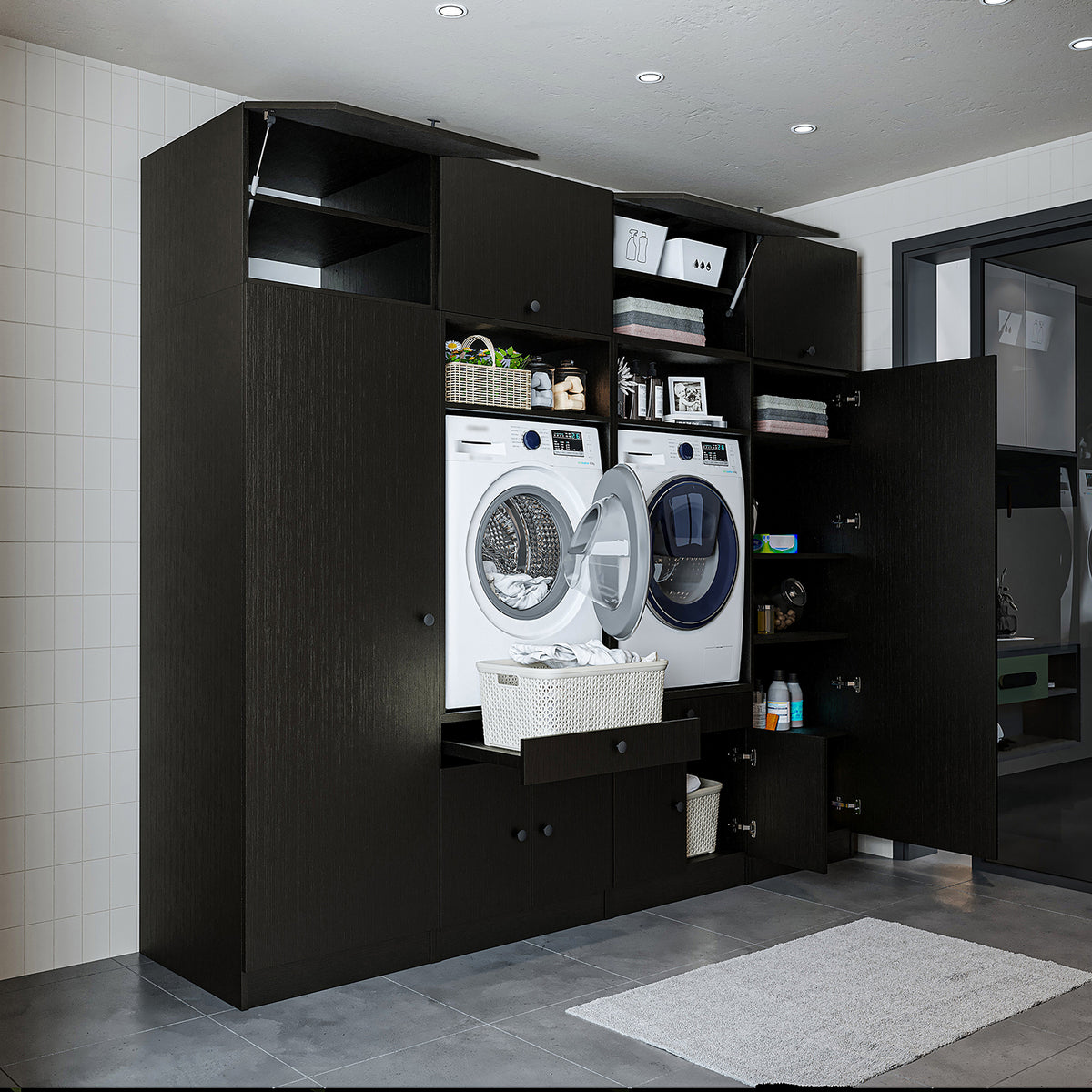 Roomart mueble de pared para lavadero - 254 cm de ancho - con estante extraíble - en - blanco - roble - roble negro - mueble de baño, lavabo, mueble de baño, mueble de baño, baño, con, mueble de baño, mueble de baño, conjunto, lavabo, mueble, ba