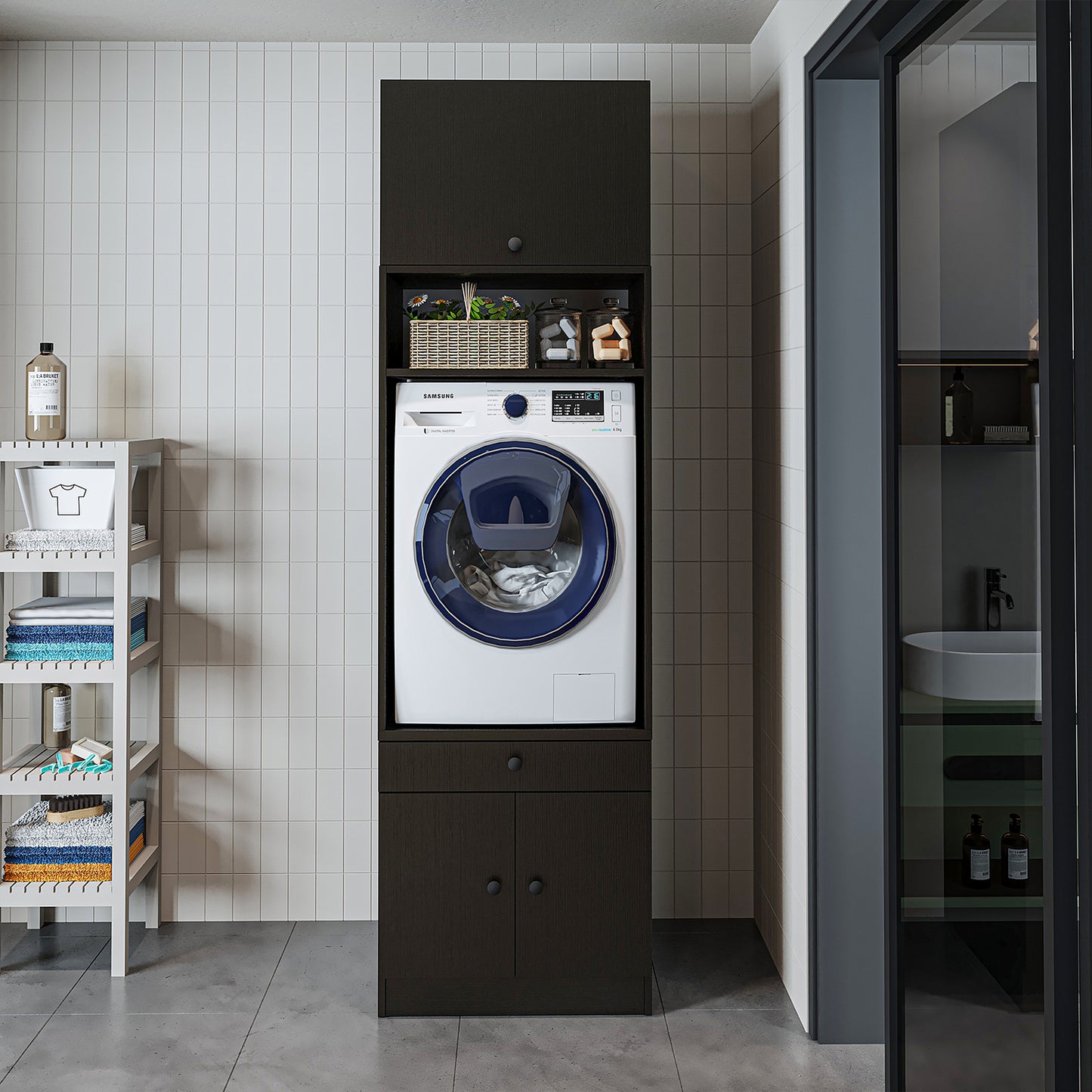 Roomart Armario para lavadora con estante extraíble - Blanco - Roble - Roble negro - armario para lavadora, estante para lavadora, torre de lavado, armario, blanco, lavadoras, armario bajo, lavadora, secadora, armario doméstico, armarios, armario de baño, armario alto