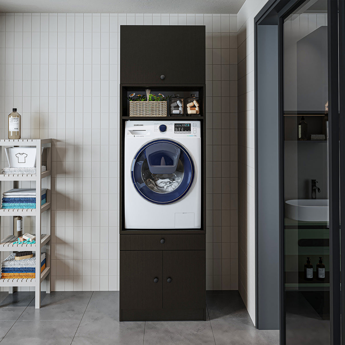 Roomart Waschmaschinenschrank mit Ausziehbrett • Weiß • Eiche • Schwarz eiche - waschmaschinenschrank, waschmaschinenregal, waschturm, schrank, weiß, waschmaschinen, unterschrank, waschmaschine, trockner, haushaltsschrank, schränke, badschrank, hochschran
