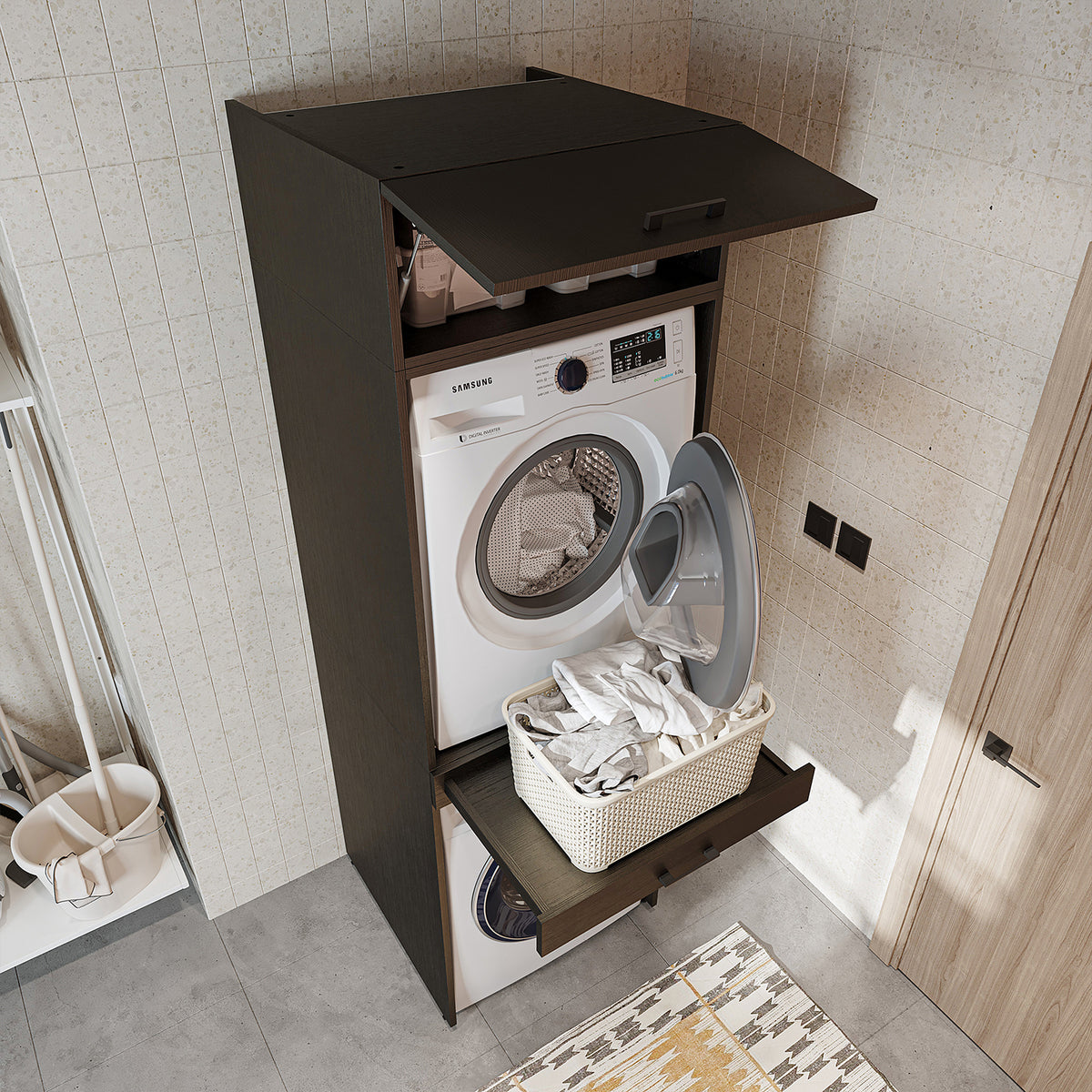 Roomart Waschmaschinenschrank für Trockner & Waschmaschine, in 3 Farben, mit Ausziehbrett • Weiß • Eiche • Schwarz Eiche - waschmaschinenuntergestelle, dämpfer waschmaschine, waschmaschinen aufsatz für trockner, unterschrank waschmaschine, kühlschrank erh