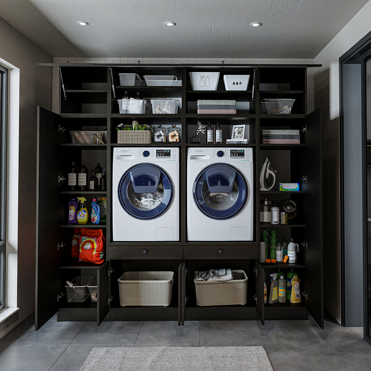 Ver detalles de Roomart Armario para lavadora y mueble alto para lavadero y cuarto de servicio - 224 cm de ancho - con práctico estante extraíble - disponible en blanco, roble o roble negro Roomart Armario para lavadora y mueble alto para lavadero y cuarto de servicio - 224 cm de ancho - con práctico estante extraíble - disponible en blanco, roble o roble negro