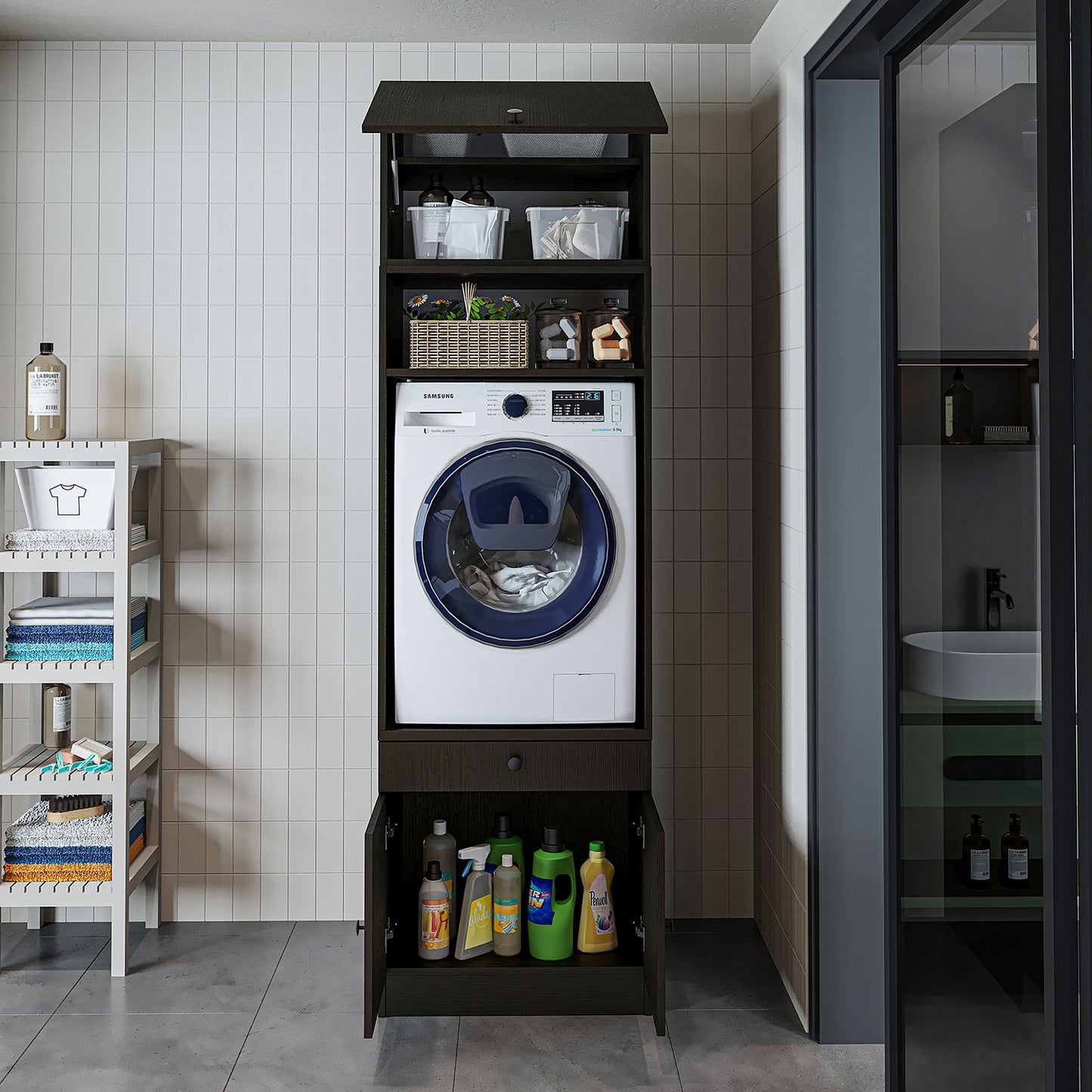 Roomart Armario para lavadora con estante extraíble - Blanco - Roble - Roble negro - armario para lavadora, estante para lavadora, torre de lavado, armario, blanco, lavadoras, armario bajo, lavadora, secadora, armario doméstico, armarios, armario de baño, armario alto