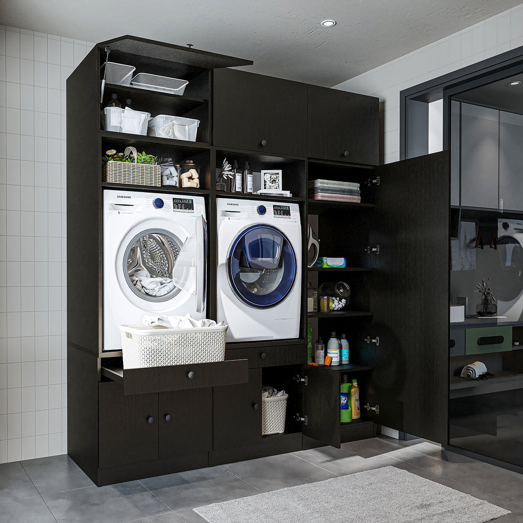 Mueble de pared Roomart para lavadero y cuarto de servicio, en 3 colores, con estante extraíble - blanco - roble negro - mueble para lavadora, estante para lavadora, torre para lavadora, mueble, blanco, lavadoras, mueble bajo, lavadora, secadora, mueble doméstico,