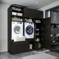 Mueble de pared Roomart para lavadero y cuarto de servicio, en 3 colores, con estante extraíble - blanco - roble negro - mueble para lavadora, estante para lavadora, torre para lavadora, mueble, blanco, lavadoras, mueble bajo, lavadora, secadora, mueble doméstico,