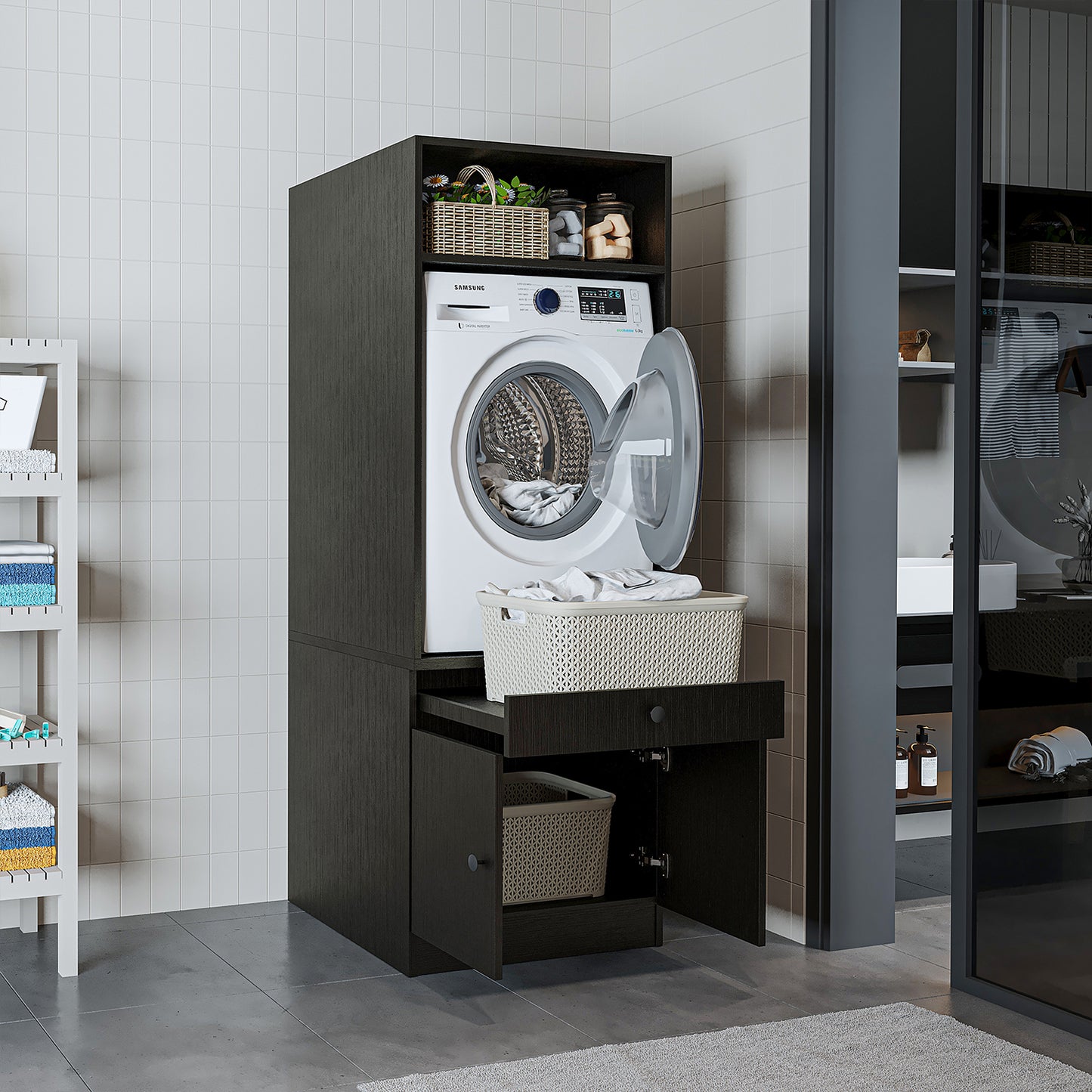Roomart Armario para lavadora con estante extraíble - Blanco - Roble - Roble negro - armario para lavadora, estante para lavadora, torre de lavado, armario, blanco, lavadoras, armario bajo, lavadora, secadora, armario doméstico, armarios, armario de baño, armario alto
