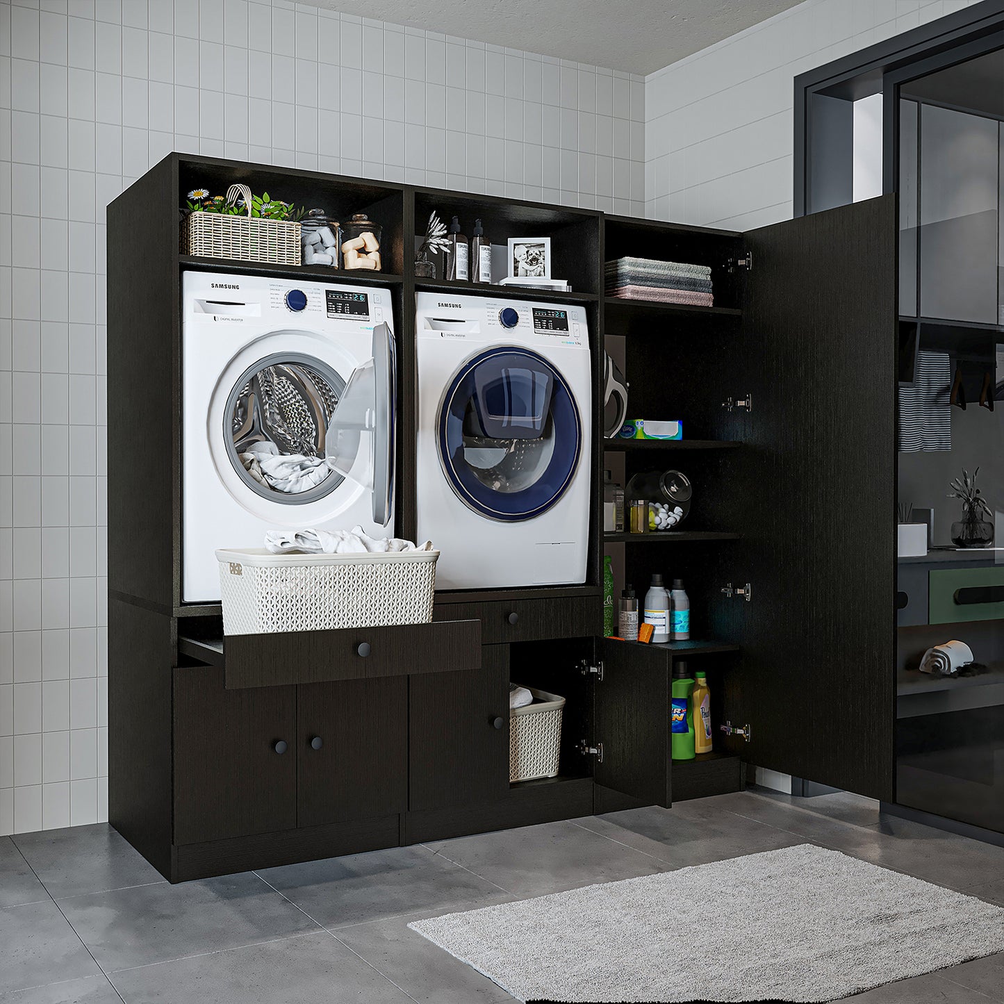 Roomart Schrankwand für Waschküche & Hauswirtschaftsraum, in 3 Farben, Mit Ausziehbrett • Weiß • Schwarz eiche - waschmaschinenschrank, waschmaschinenregal, waschturm, schrank, weiß, waschmaschinen, unterschrank, waschmaschine, trockner, haushaltsschrank,