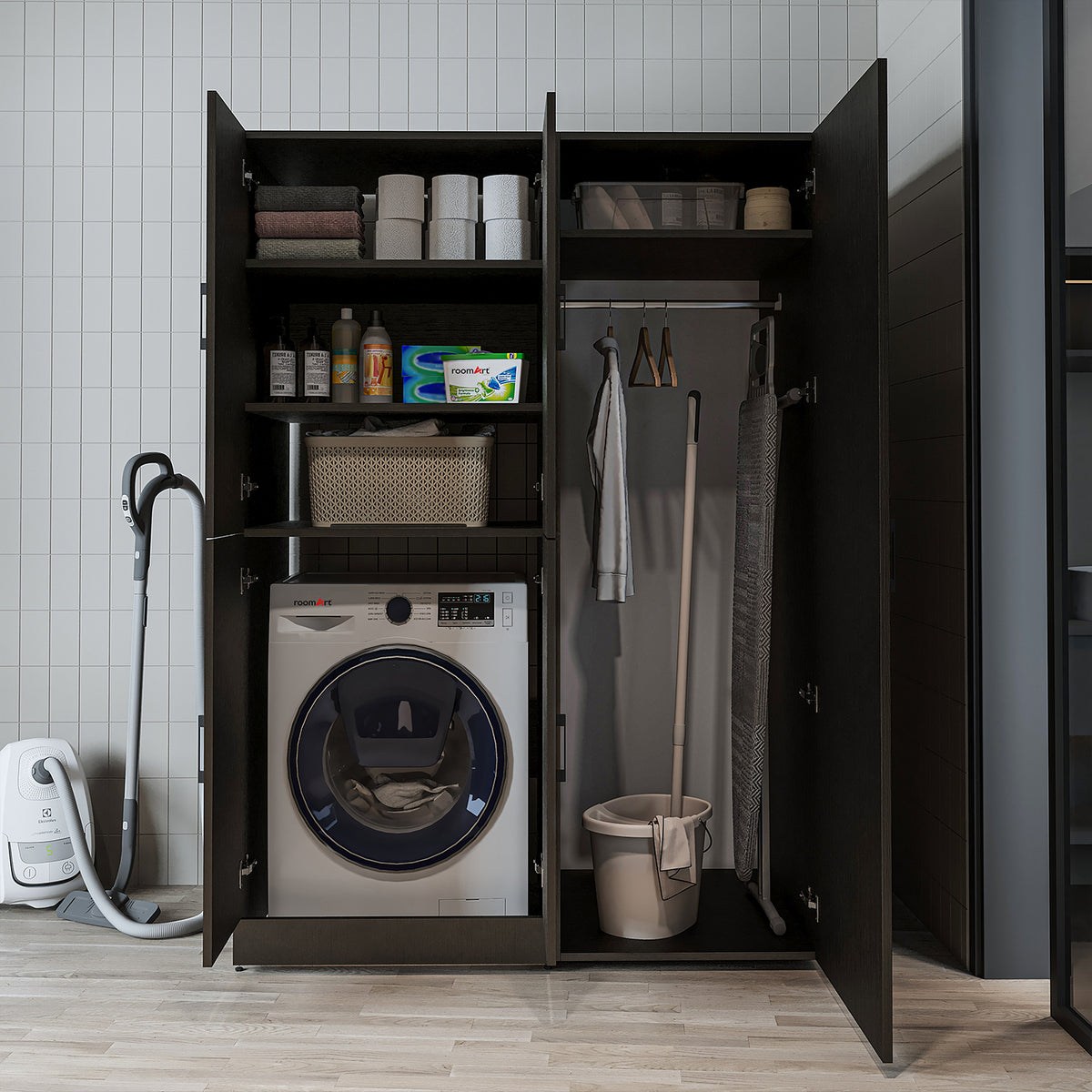 Waschmaschinenschrank DORA-II in Schwarz Eiche mit Regalböden