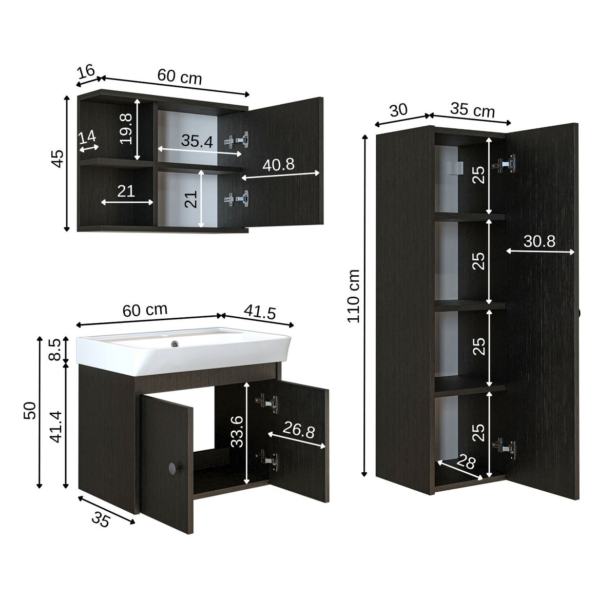 Roomart 4-teiliges Badmöbel-Set ADA, 60 cm, mit Waschbecken und Hochschrank, in 5 Farben
