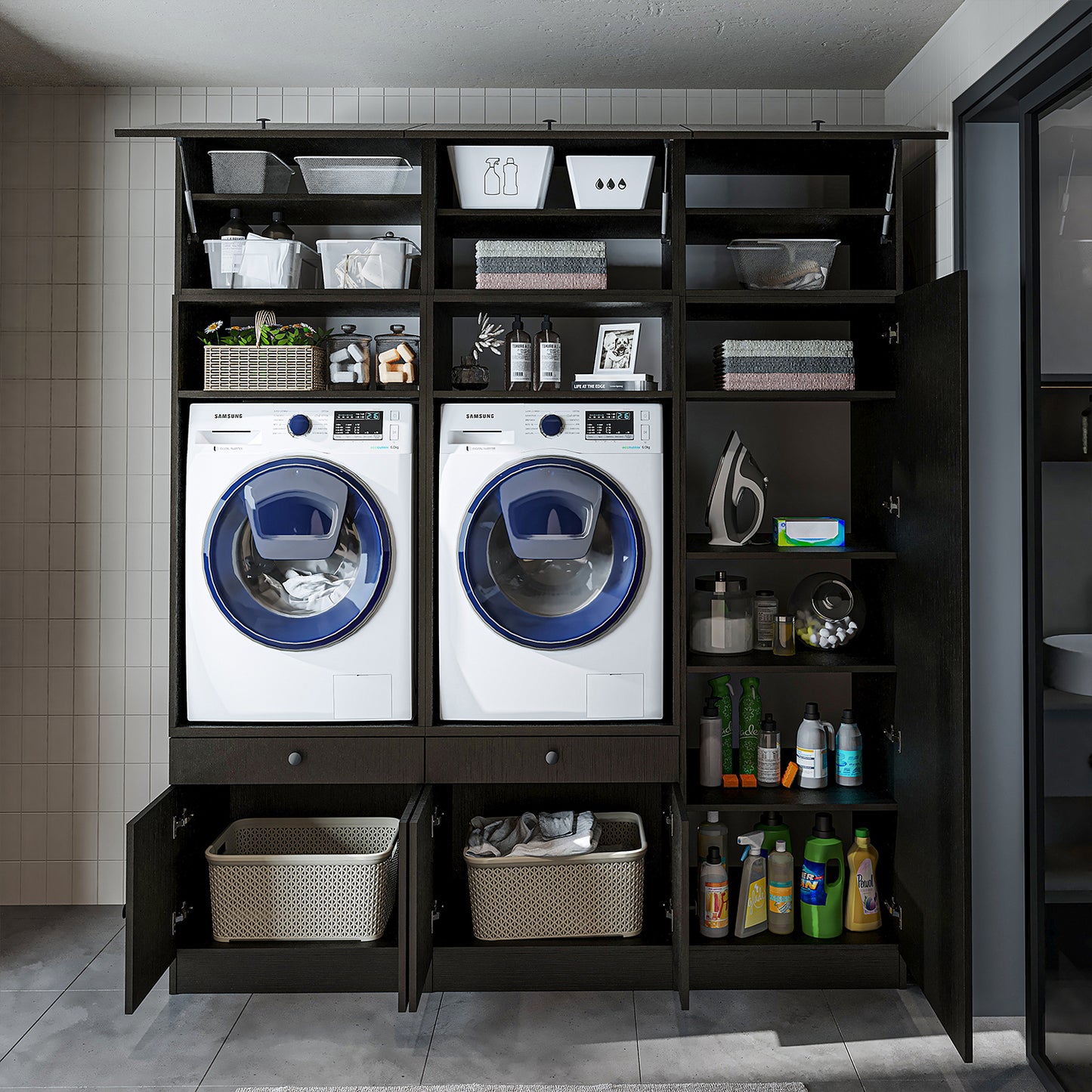 Roomart Schrankwand für Waschküche & Hauswirtschaftsraum, in 3 Farben, Mit Ausziehbrett • Weiß • Schwarz eiche - waschmaschinenschrank, waschmaschinenregal, waschturm, schrank, weiß, waschmaschinen, unterschrank, waschmaschine, trockner, haushaltsschrank,