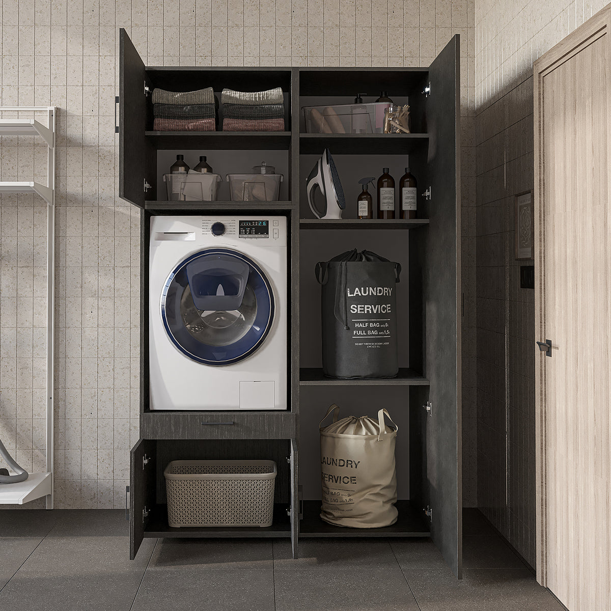 Roomart Waschmaschinenschrank 127 cm mit Hochschrank, 236 cm hoch, Ausziehbrett, in 3 Farben