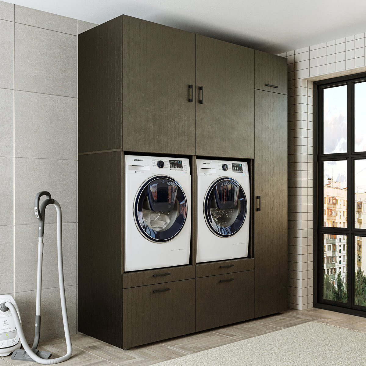Roomart Waschmaschinenschrank SERIE 2, Doppelschrank mit Ausziehbrettern und Hochschrank, in 3 Farben