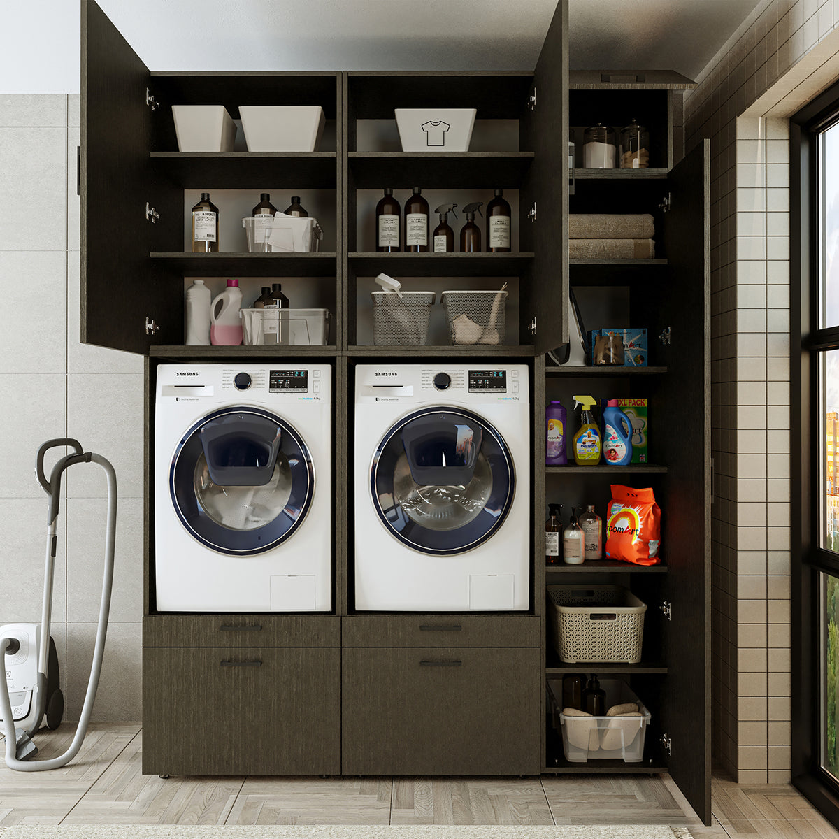 Roomart Waschmaschinenschrank SERIE 2, Doppelschrank mit Ausziehbrettern und Hochschrank, in 3 Farben