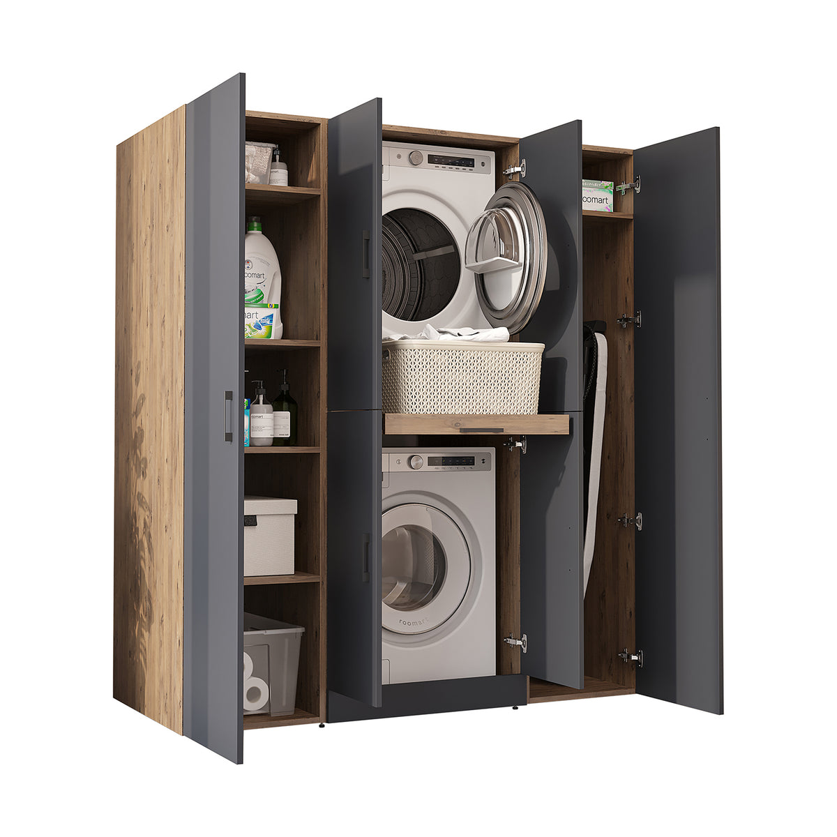 Roomart Waschmaschinenschrank DORA-I 160 cm, Anthrazit Eiche, 186 cm hoch, weißer Hintergrund