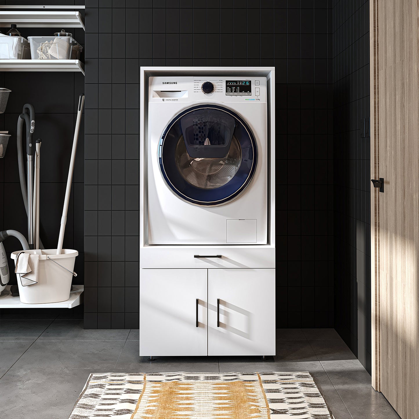washing machine cabinet, washing machine underframe, washing machine underframe, washing machine cabinet, washing machine underframe, washing machine rack, washing machine cabinet, washing machine cabinet, washing machine stand, washing machine overframe, storage cabinet, with lots of storage space, white, black oak, bathroom cabinet