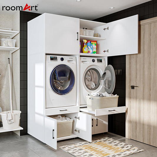 Roomart Waschmachinen Doppelschrrank Überbauschrank HBT: 205 x 134 x 66,8 cm, in 3 Farben-waschmaschinenschrank, waschmaschinenregal, waschturm, schrank, weiß, waschmaschinen, unterschrank, waschmaschine, trockner, haushaltsschrank, schränke, badschrank,