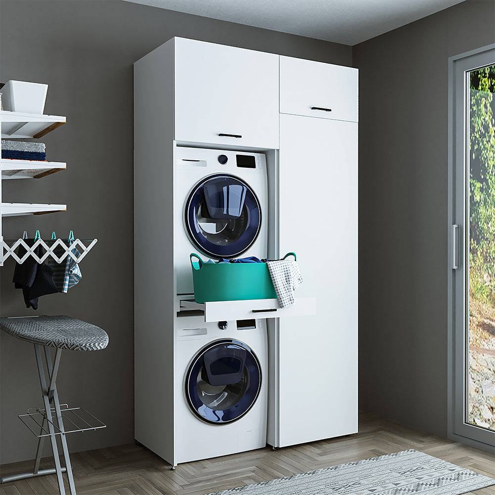Sèche-linge mural Roomart sur lave-linge • 127 cm de large • Blanc • Chêne noir
