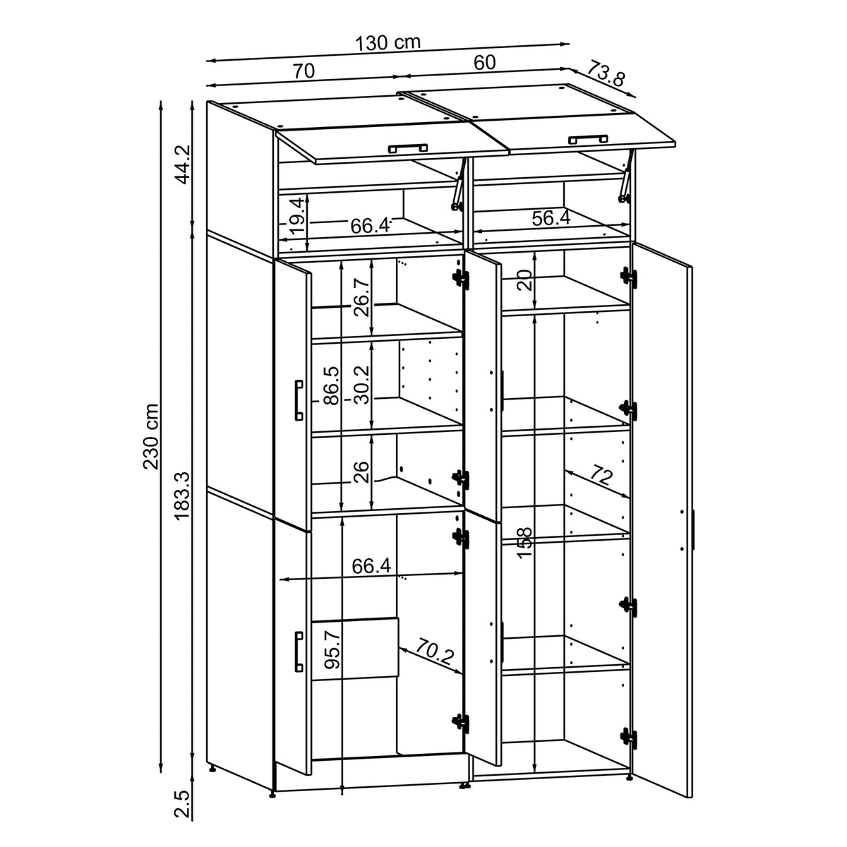 Maßzeichnung DORA-II mit Aufsatzschrank, ca. 130 x 230 x 73,8 cm