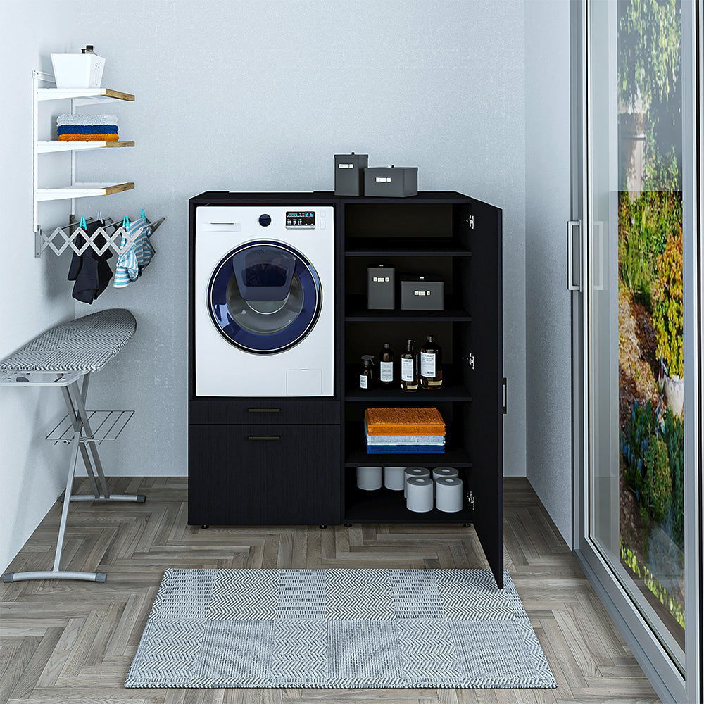 Roomart • Waschmachinenschrank für Hauswirtschaftsraum • HBT: 145x127x66,8 cm • Mit Schubladen und Ausziehbrett • Weiß • Schwarz eiche - überbauschrank waschmaschine  überbauschrank  Wäschekammer  washturm  washing machine cabinet  Waschturm für Waschmasc