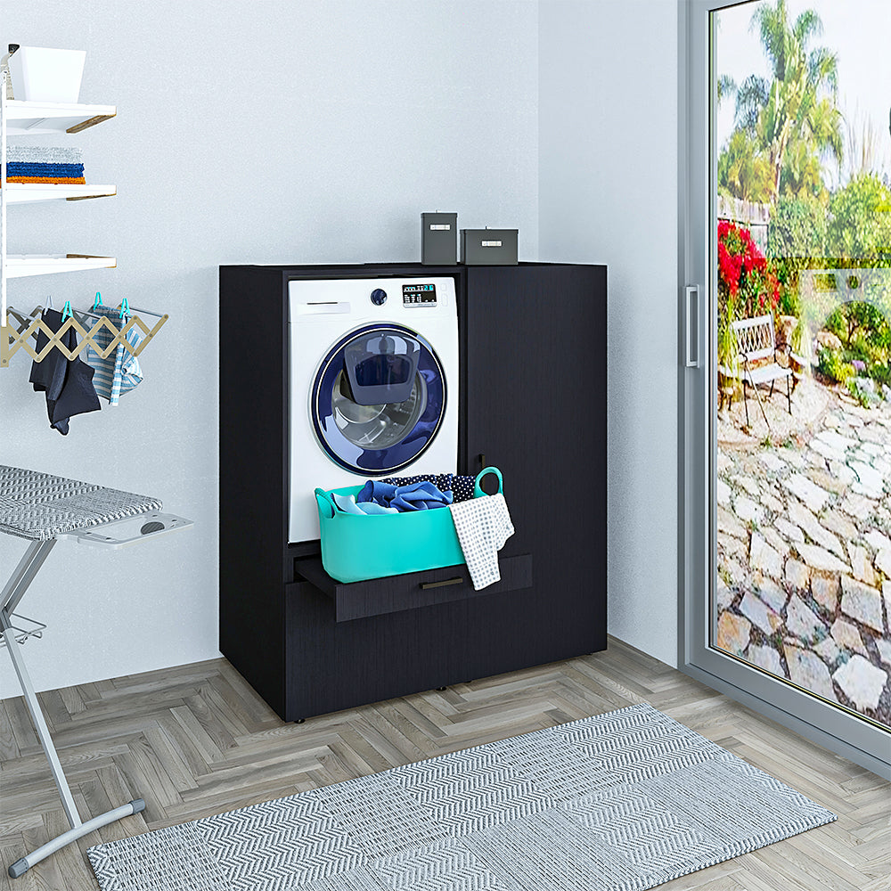 Roomart • Waschmachinenschrank für Hauswirtschaftsraum • HBT: 145x127x66,8 cm • Mit Schubladen und Ausziehbrett • Weiß • Schwarz eiche - überbauschrank waschmaschine  überbauschrank  Wäschekammer  washturm  washing machine cabinet  Waschturm für Waschmasc