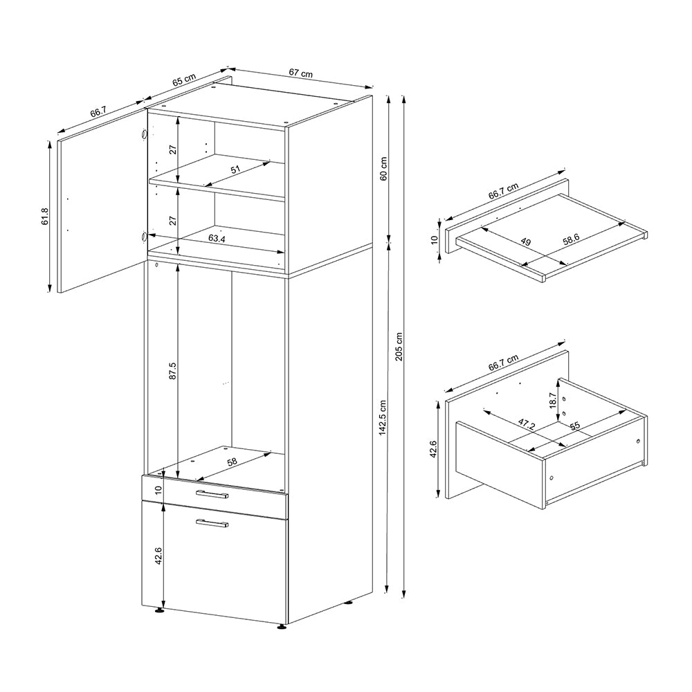 Roomart Waschmaschinenschrank mit Schrankaufsatz 62cm • HBT: 205x67x66,8 cm • Schublade & Ausziehbrett • Weiß • Schwarz eiche