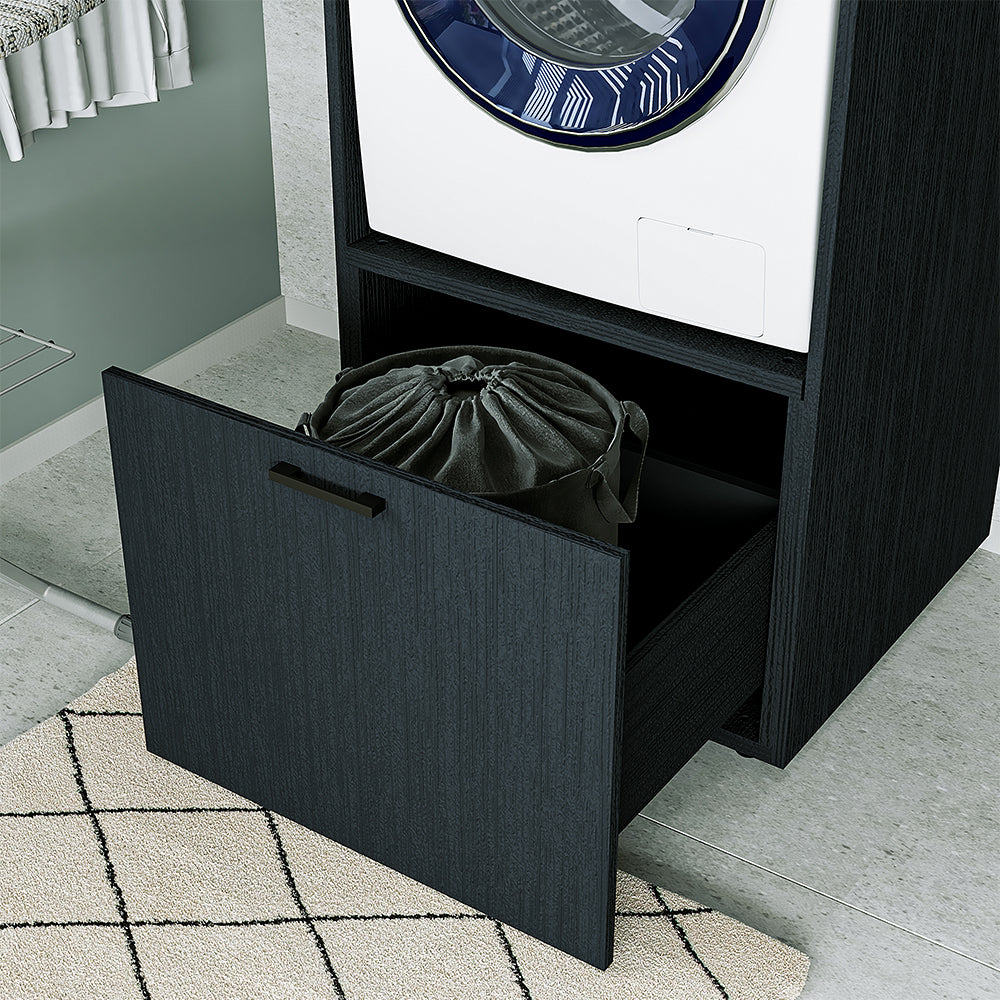 Roomart • Schrankwand für Hauswirtschaftsraum • Washturm Mit Schubladen und Ausziehbrett • Weiß • Schwarz Eiche - waschmaschinenschrank, washmaschinenschrank, wachmachinenschrank, waschmaschinenüberbau, waschmaschine trockner schrank, waschmaschine schran